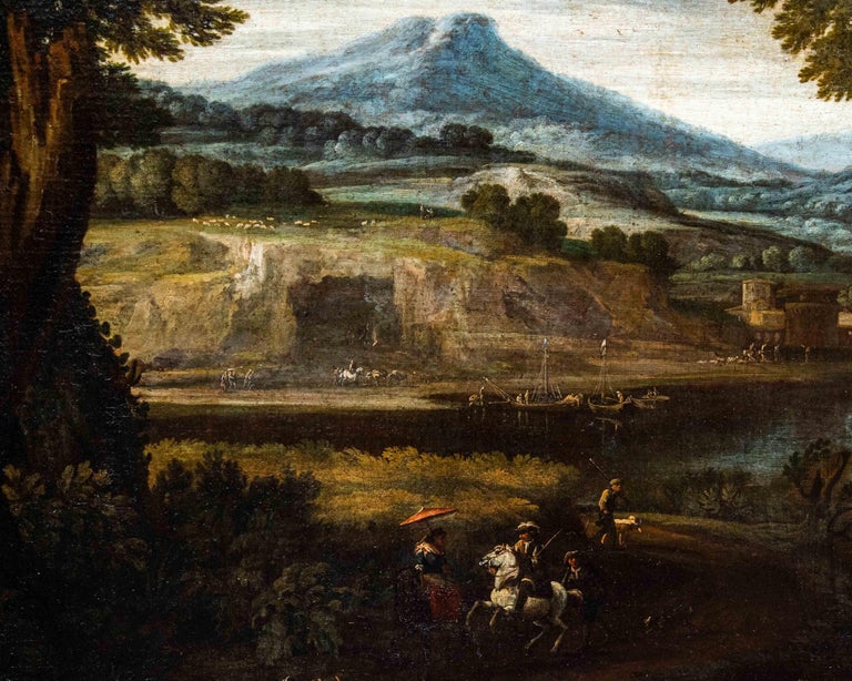 Baroque 17th Century Landscape Roman School Painting Oil on Canvas