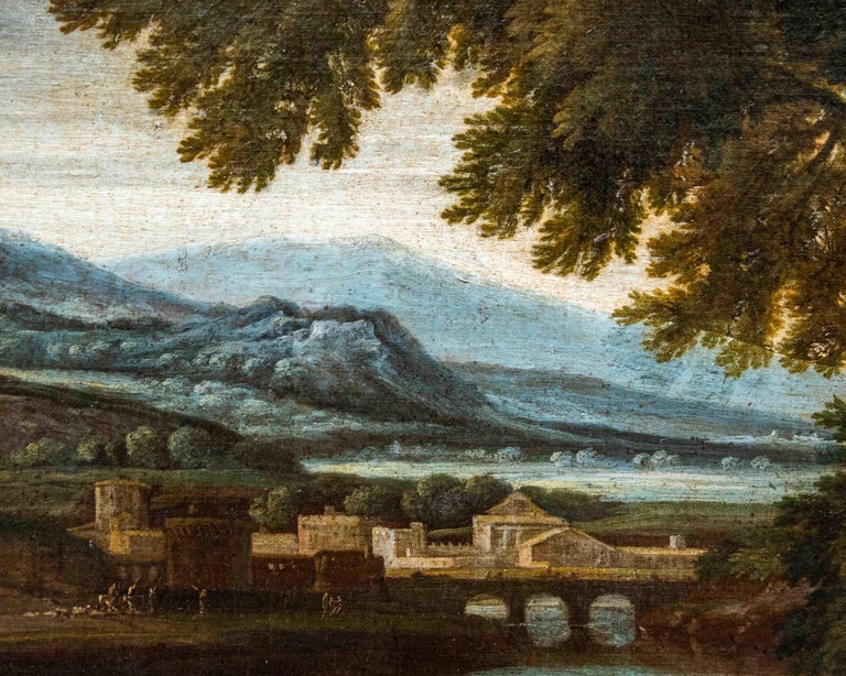 Oiled 17th Century Landscape Roman School Painting Oil on Canvas
