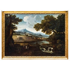 17th Century Landscape Roman School Painting Oil on Canvas