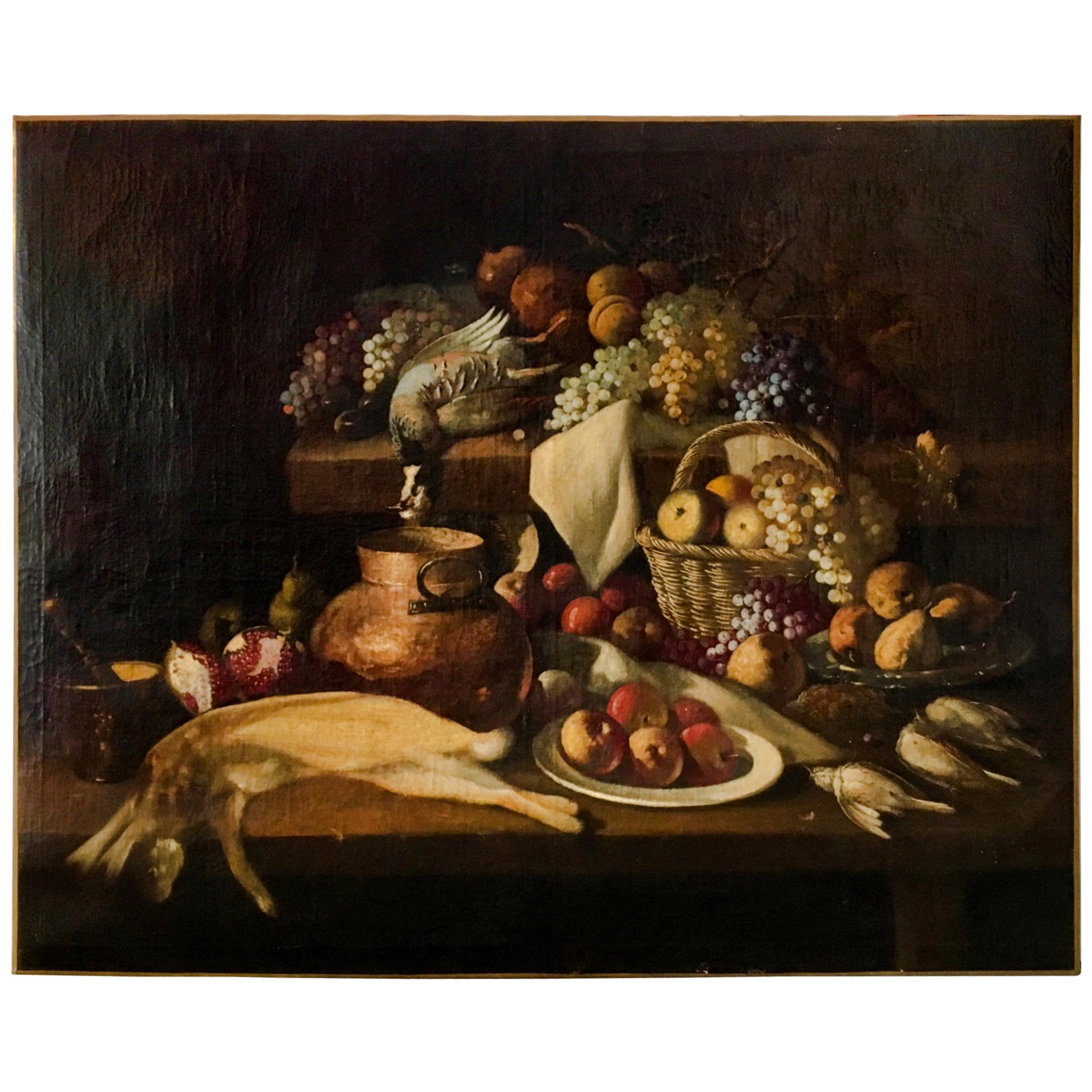17th Century Large Dutch Painting Still Life with Fruit and Game, Oil on Canvas
