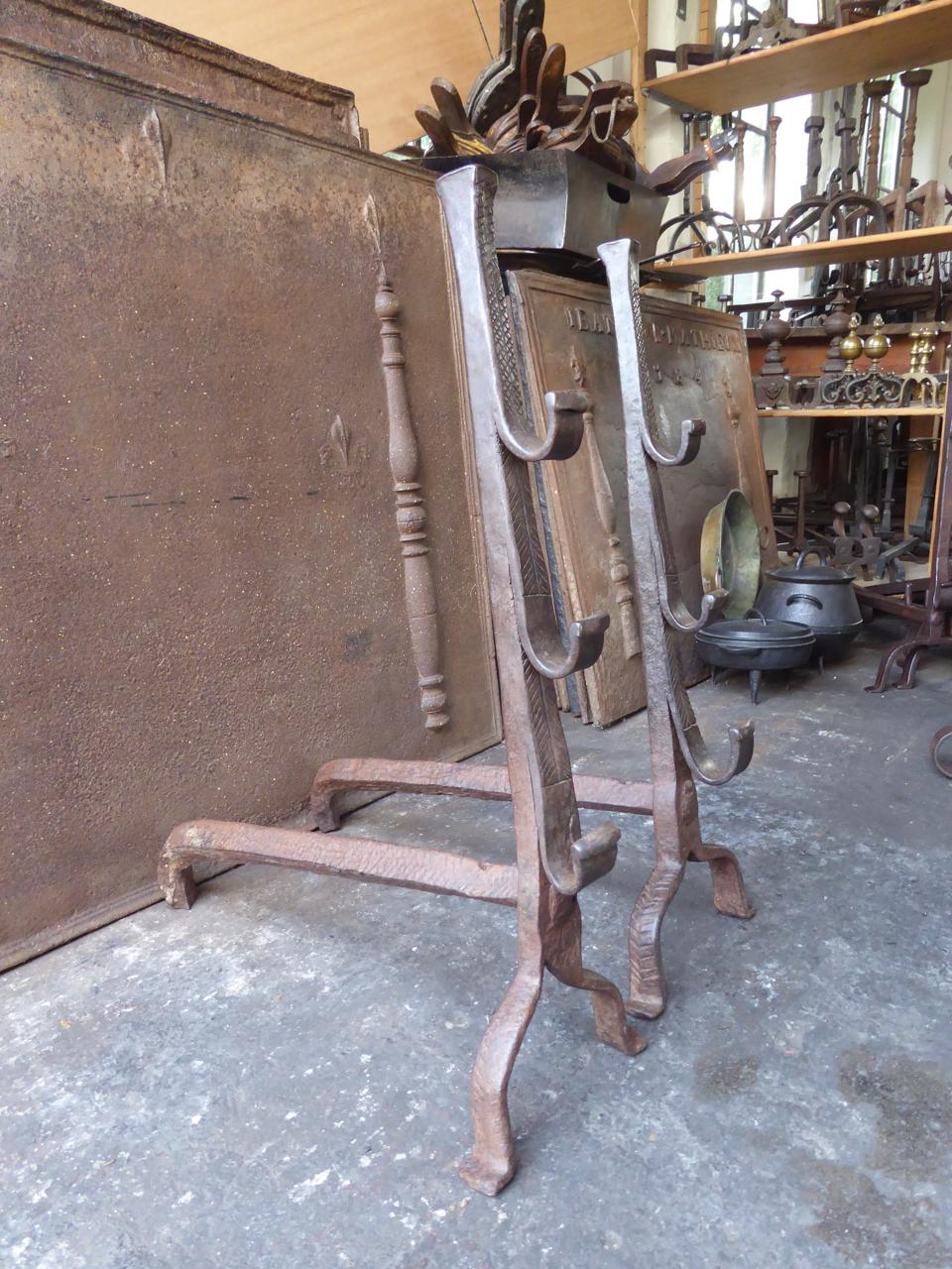 Wrought Iron 17th Century Large Louis XIII Andirons, Firedogs For Sale