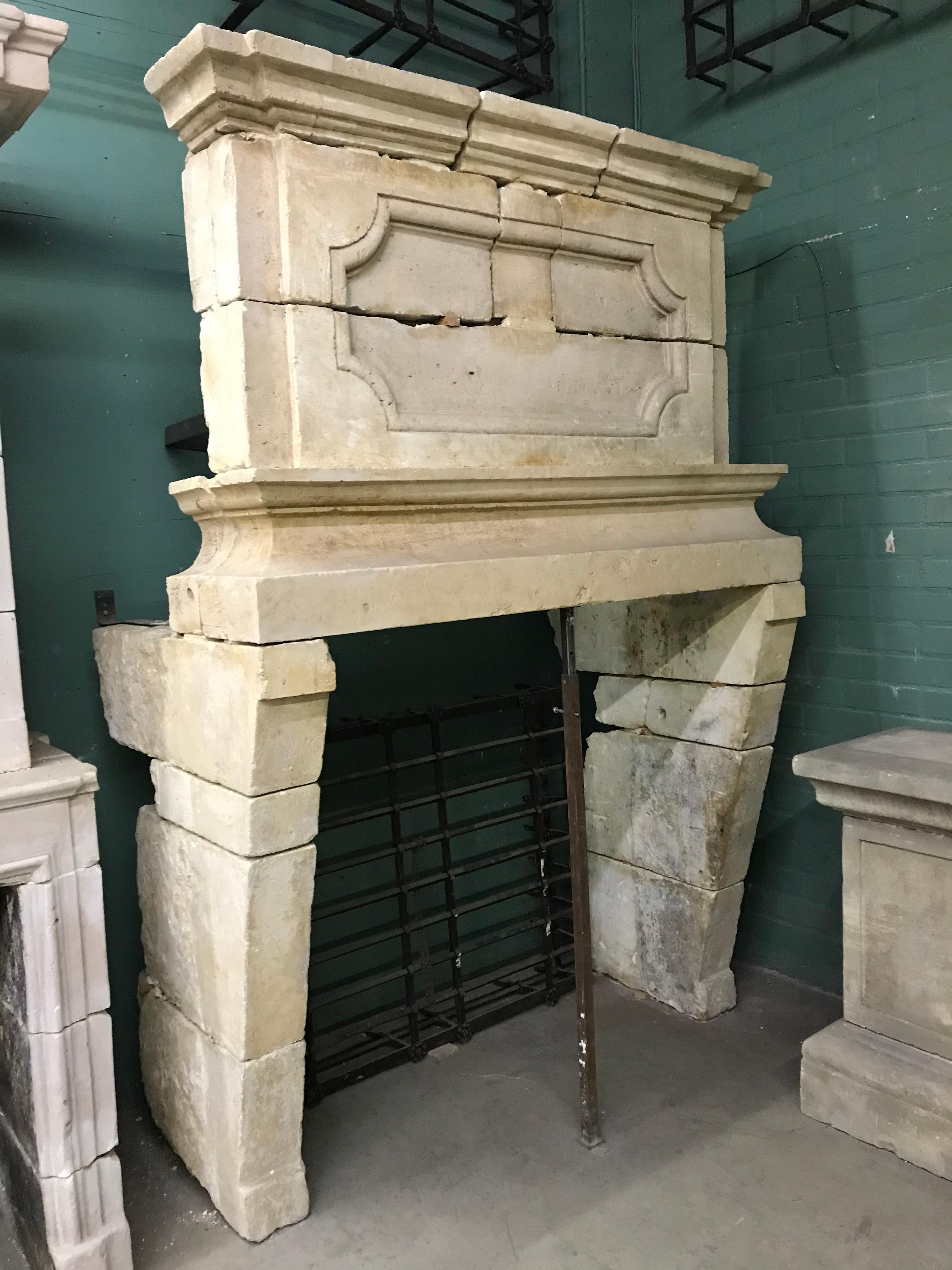French 17th Century Large Mantle Louis XIII Chateau Hand Carved Stone Antique Fireplace For Sale