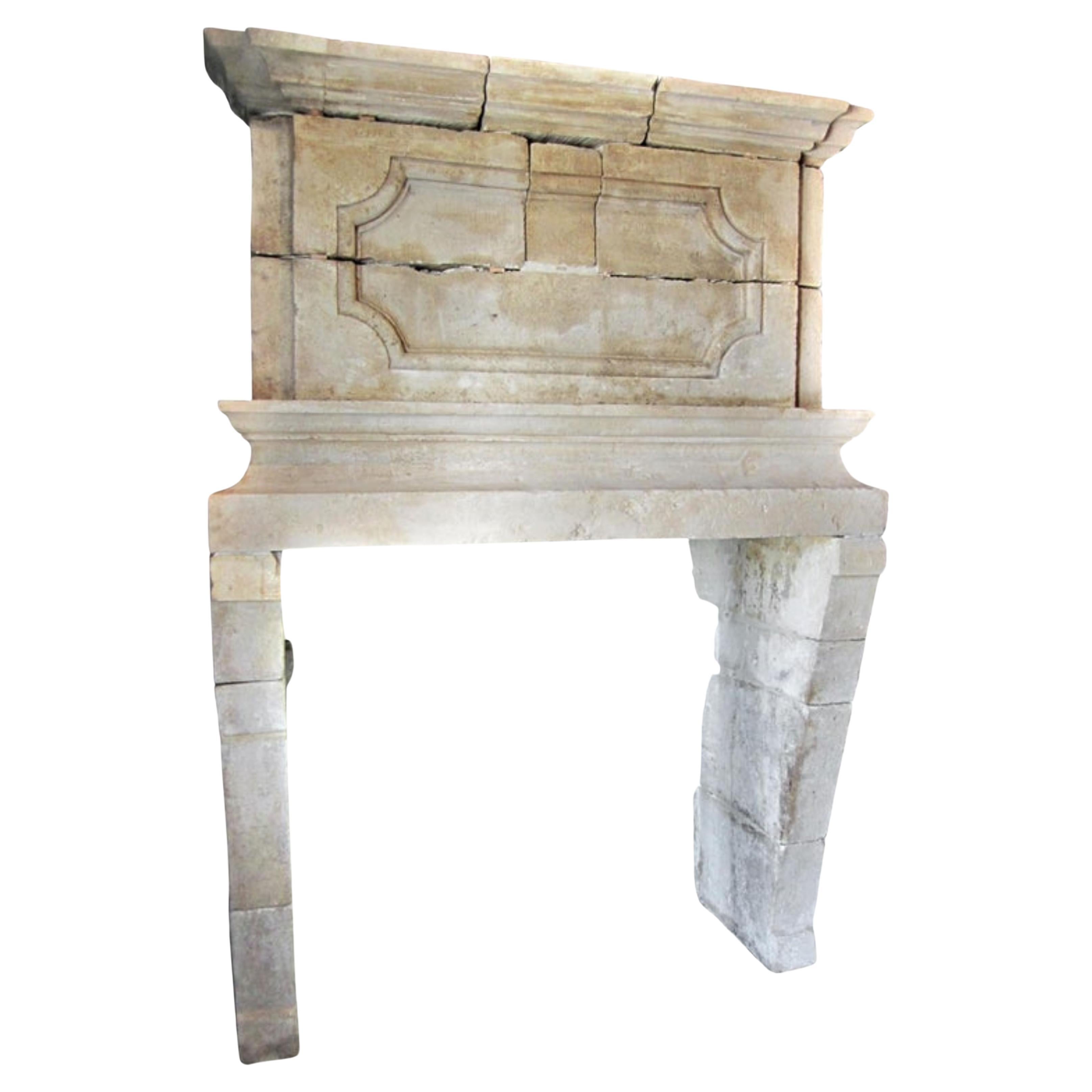 17th Century Large Mantle Louis XIII Chateau Hand Carved Stone Antique Fireplace For Sale