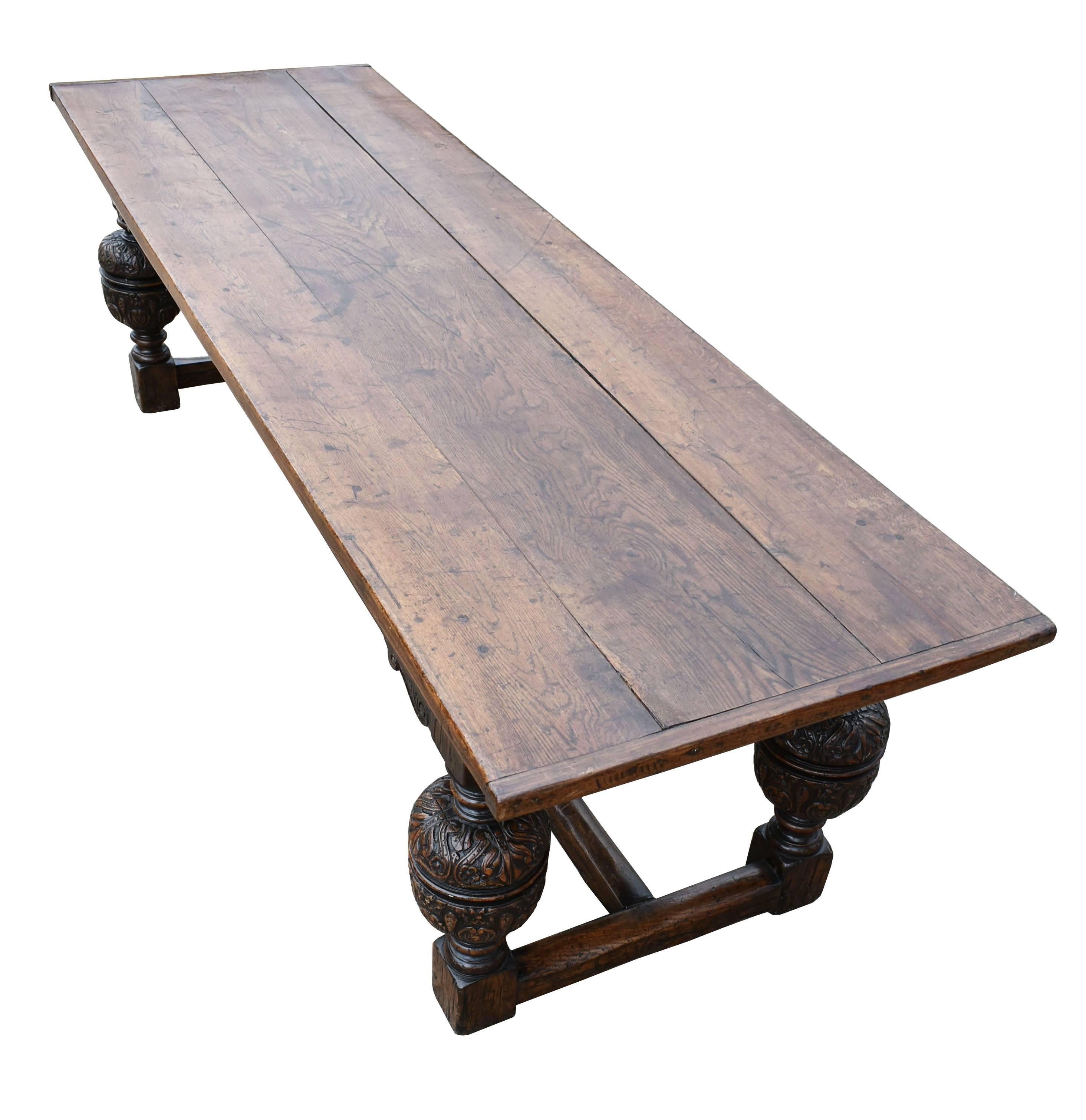 Hand-Carved 17th Century Large Solid Oak Refectory Table