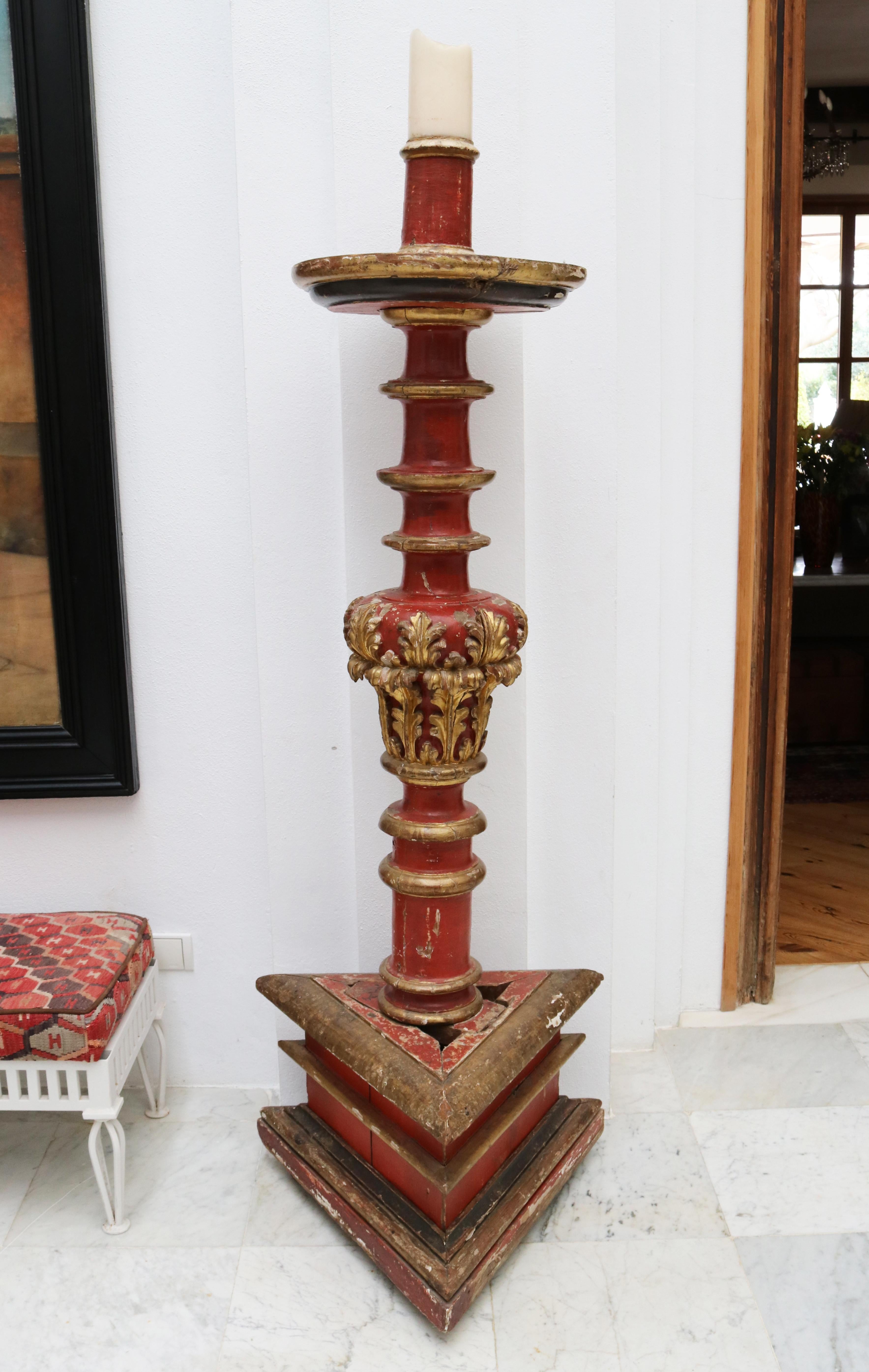 Polychromed 17th Century Large Spanish Gold Gilded and Red Painted Wooden Pricket Stick For Sale