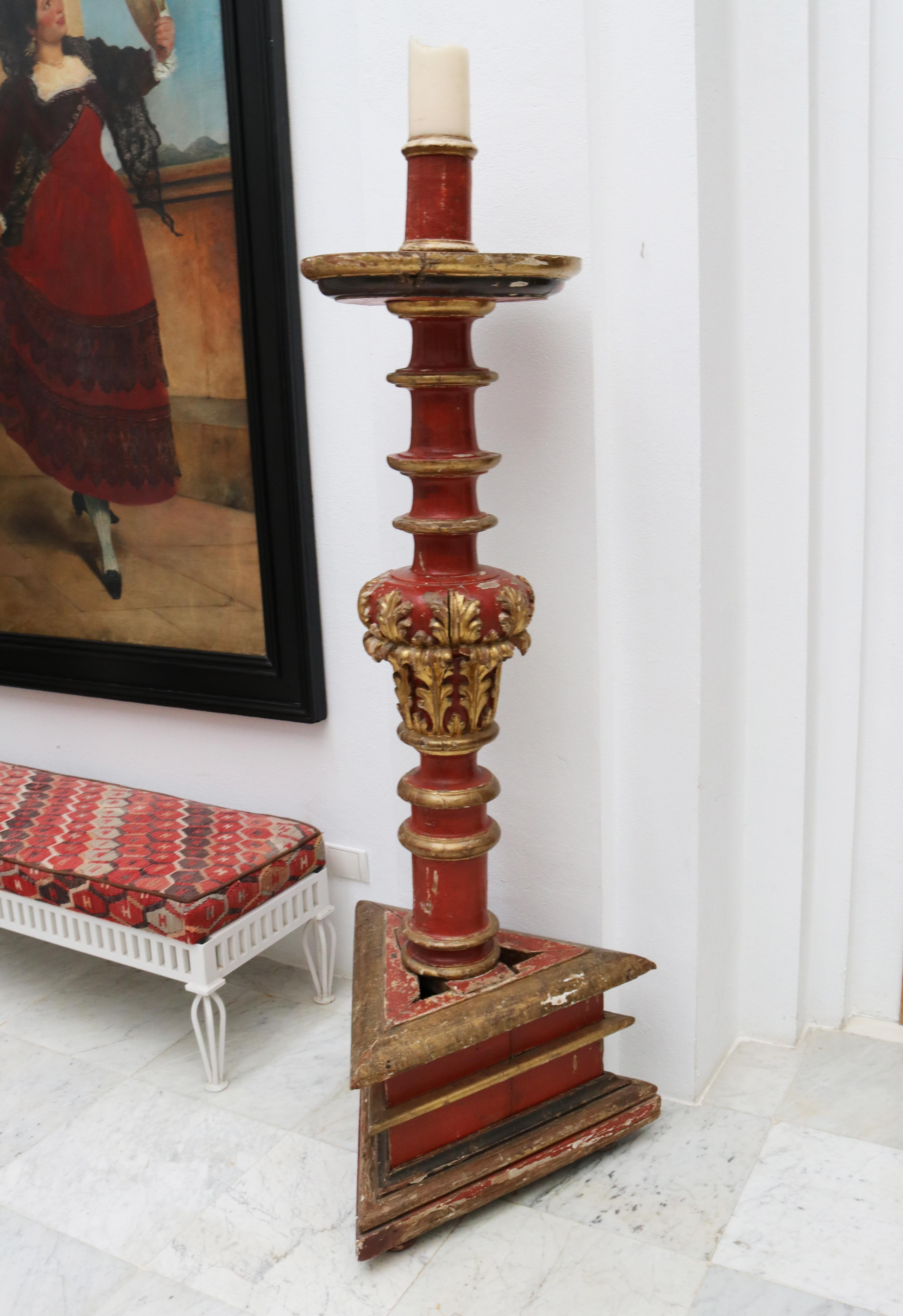 17th Century Large Spanish Gold Gilded and Red Painted Wooden Pricket Stick In Good Condition For Sale In Marbella, ES
