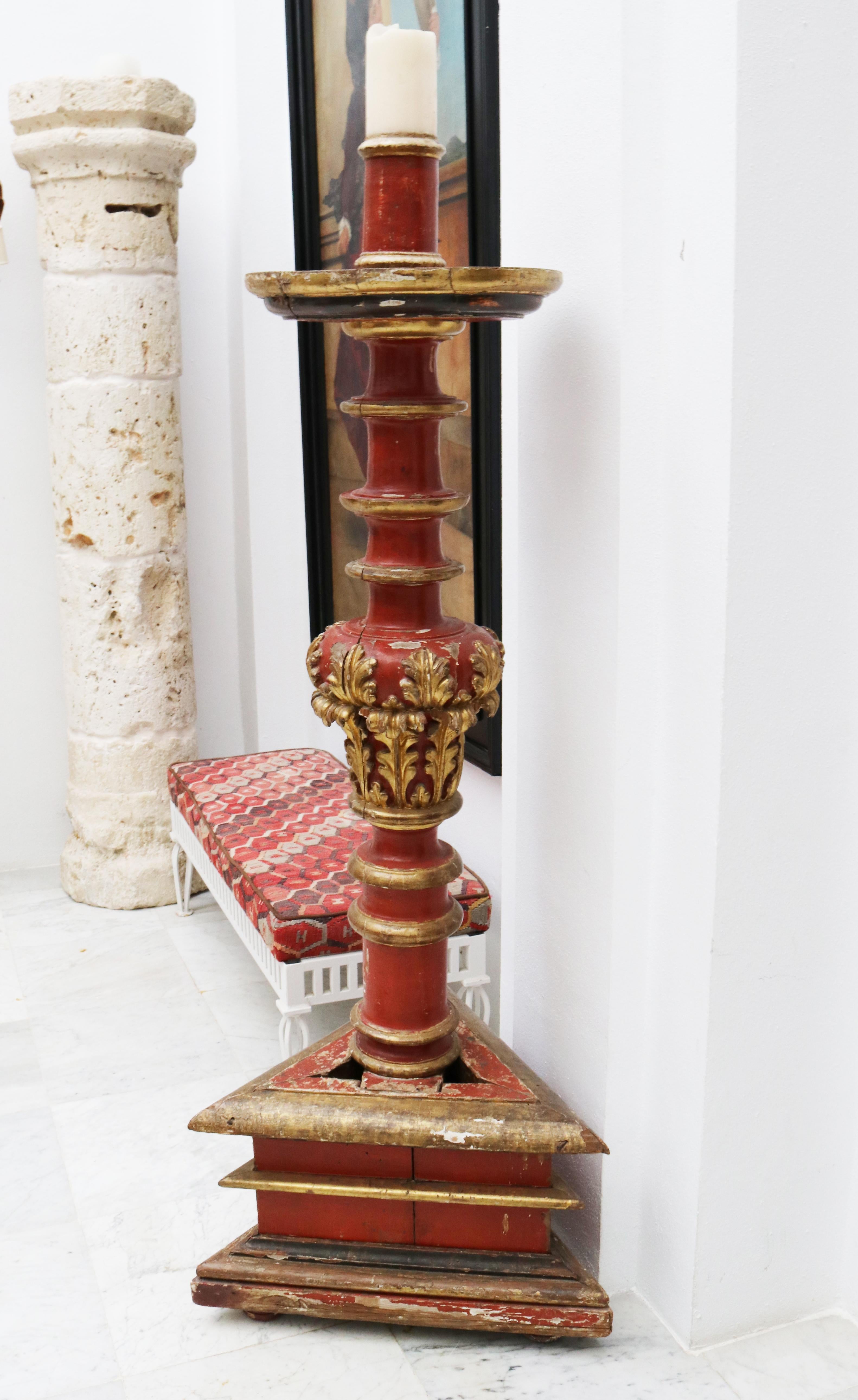 18th Century and Earlier 17th Century Large Spanish Gold Gilded and Red Painted Wooden Pricket Stick For Sale