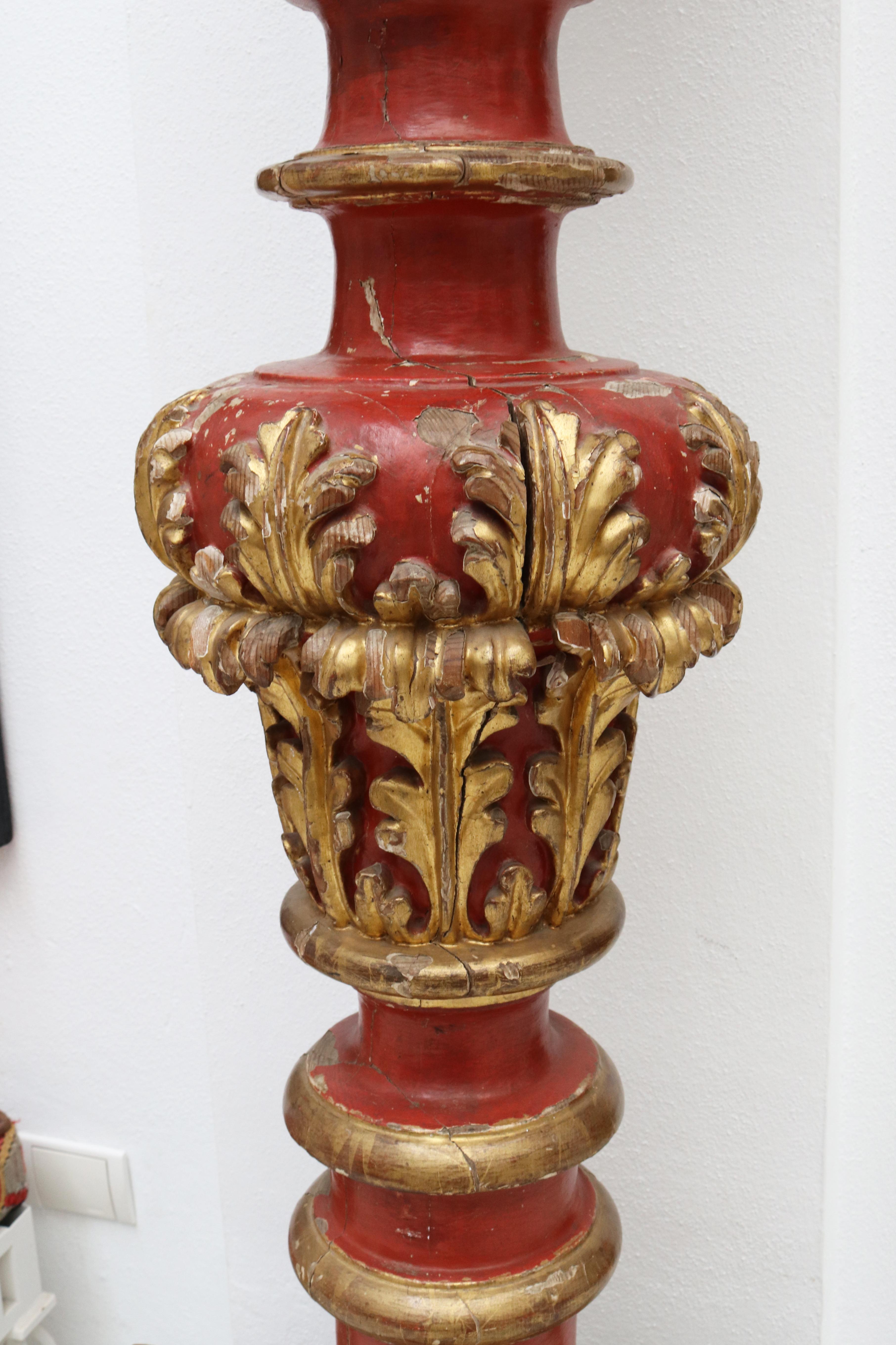 17th Century Large Spanish Gold Gilded and Red Painted Wooden Pricket Stick For Sale 1