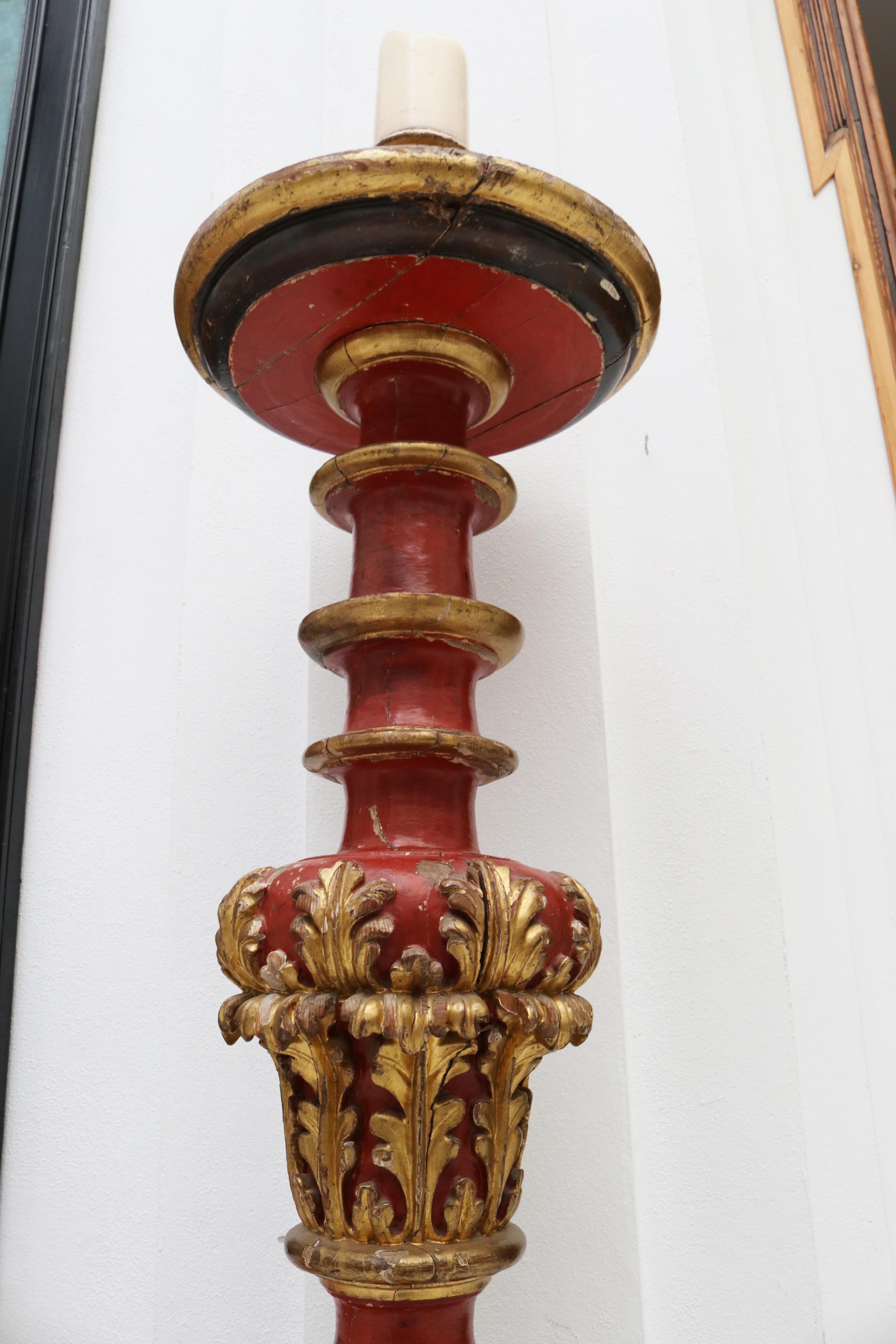 17th Century Large Spanish Gold Gilded and Red Painted Wooden Pricket Stick For Sale 2