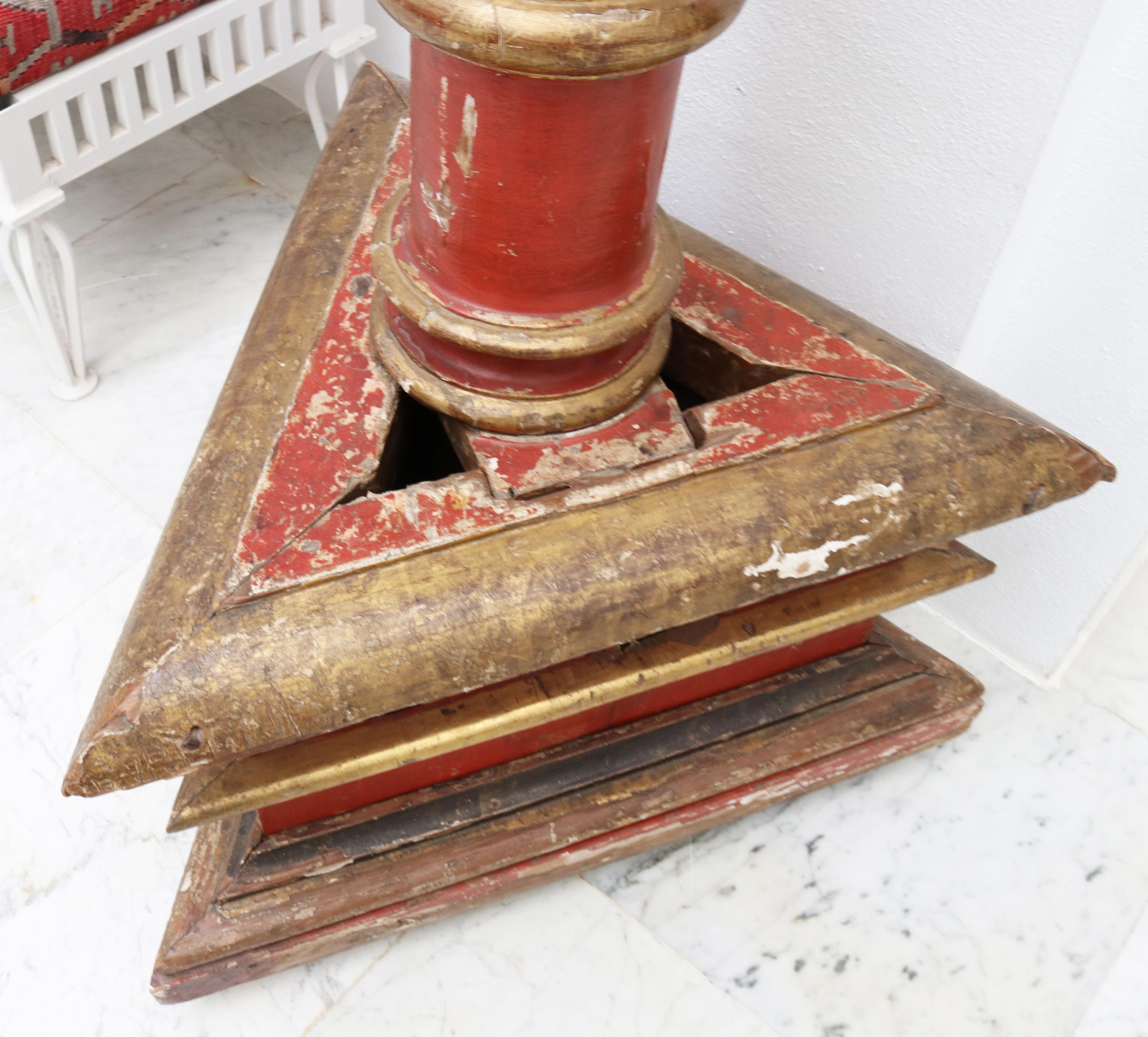 17th Century Large Spanish Gold Gilded and Red Painted Wooden Pricket Stick For Sale 3