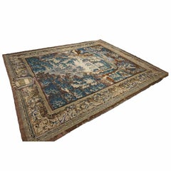 Antique Mortlake English Wool & Silk 11x13 Blue & Taupe Handmade Tapestry Rug