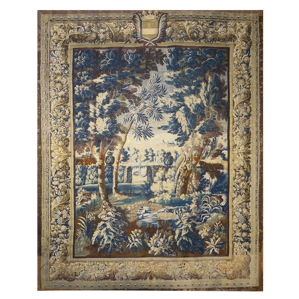 17th Century Large Wool & Silk English Baroque Garden Mortlake 10x13 Tapestry For Sale