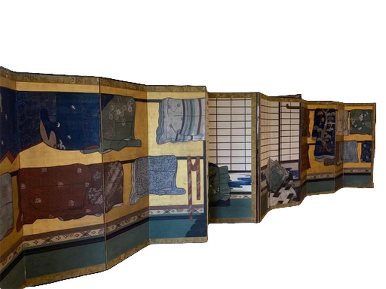 A pair of 17th Century (Late 1600s) Japanese Edo screens made of 12-panels. This folding silk screen is painted on a gold leaf background. It has a silk border and lacquered-wood frame. The back of the panels is also upholstered with elaborated silk