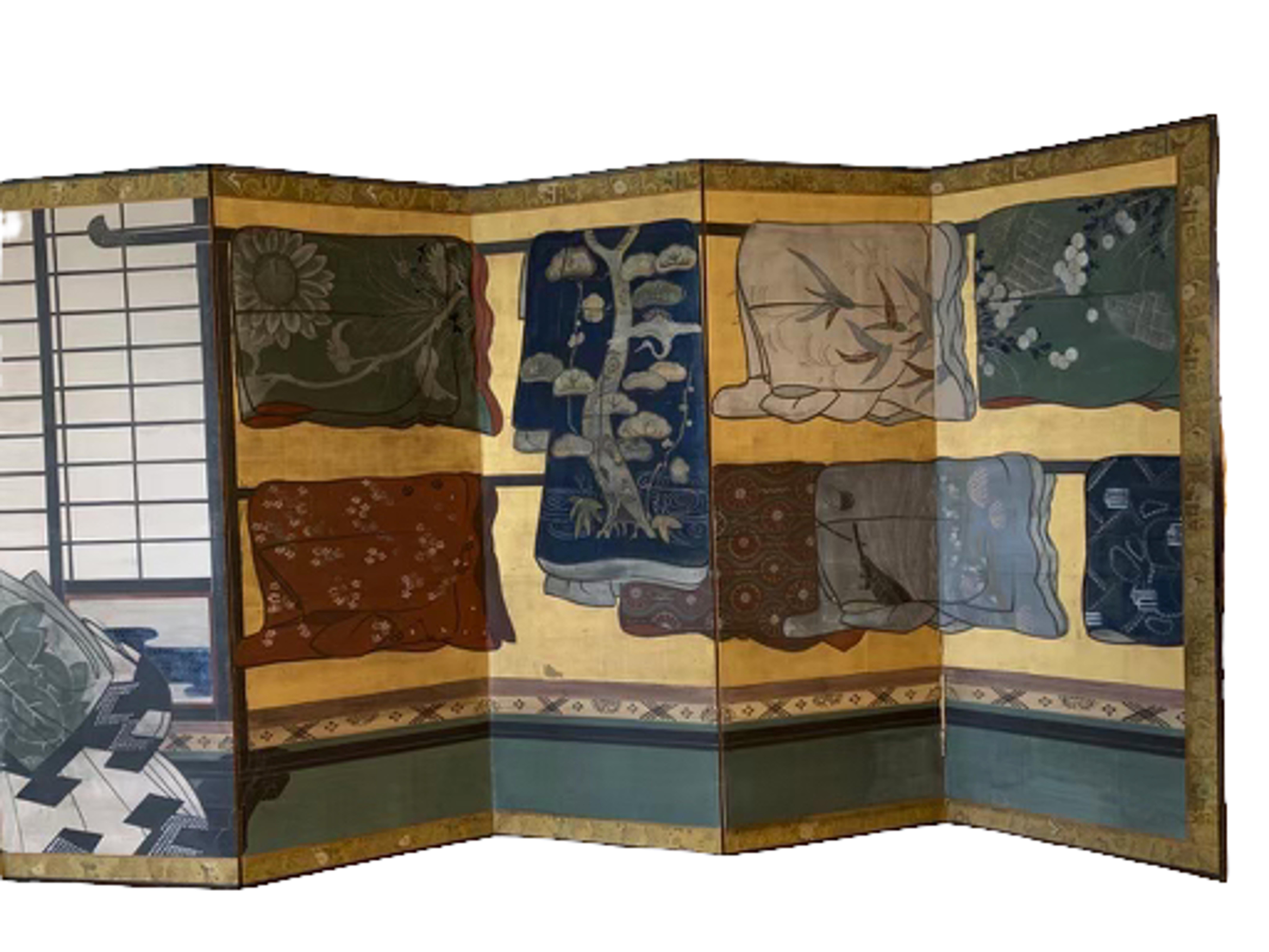 17. Jahrhundert 'Ende 1600', japanische Edo-Periode 12-Panel-Faltwand gemalt (Gemalt)