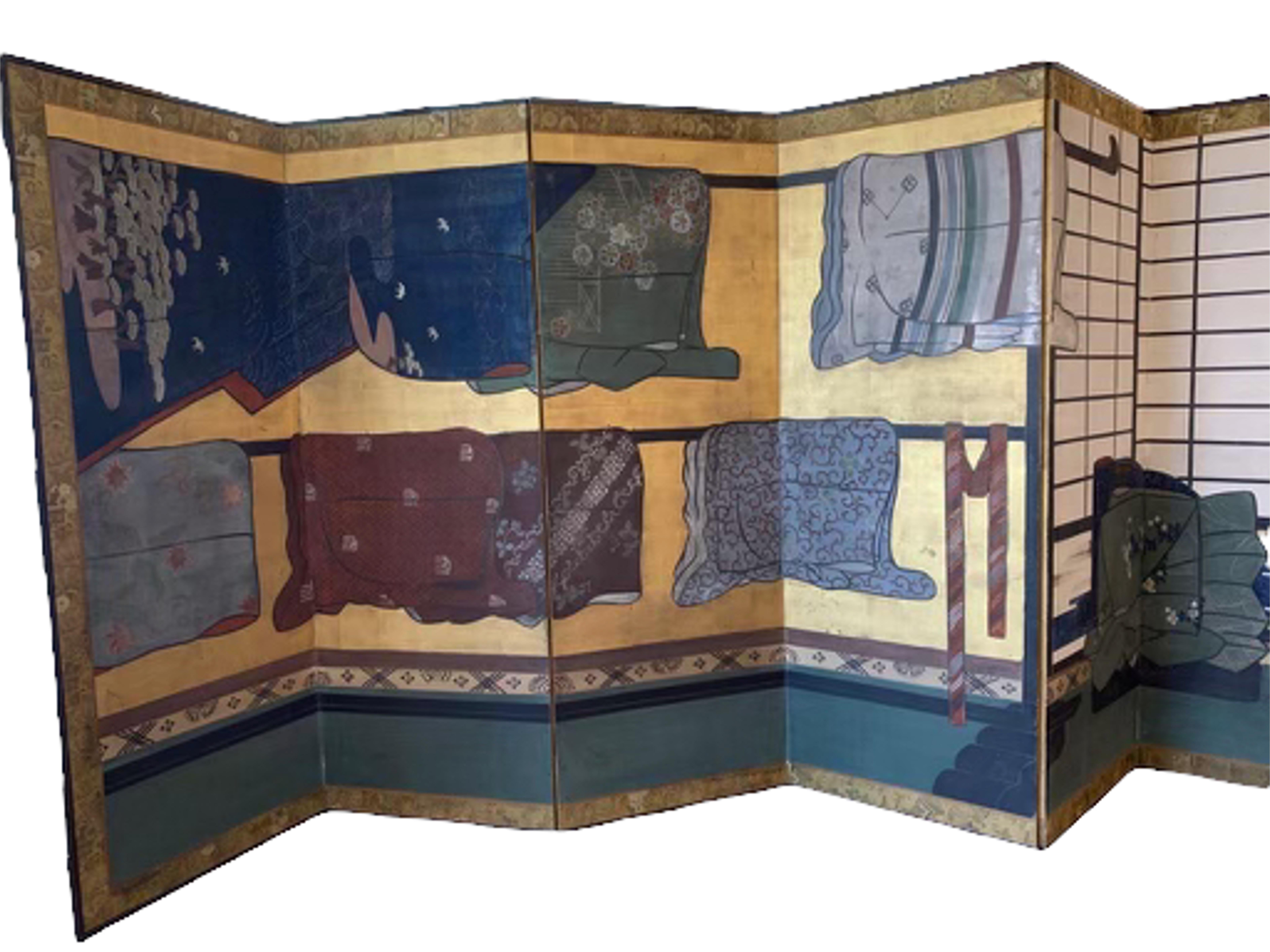 17. Jahrhundert 'Ende 1600', japanische Edo-Periode 12-Panel-Faltwand gemalt im Zustand „Starke Gebrauchsspuren“ in North Miami, FL