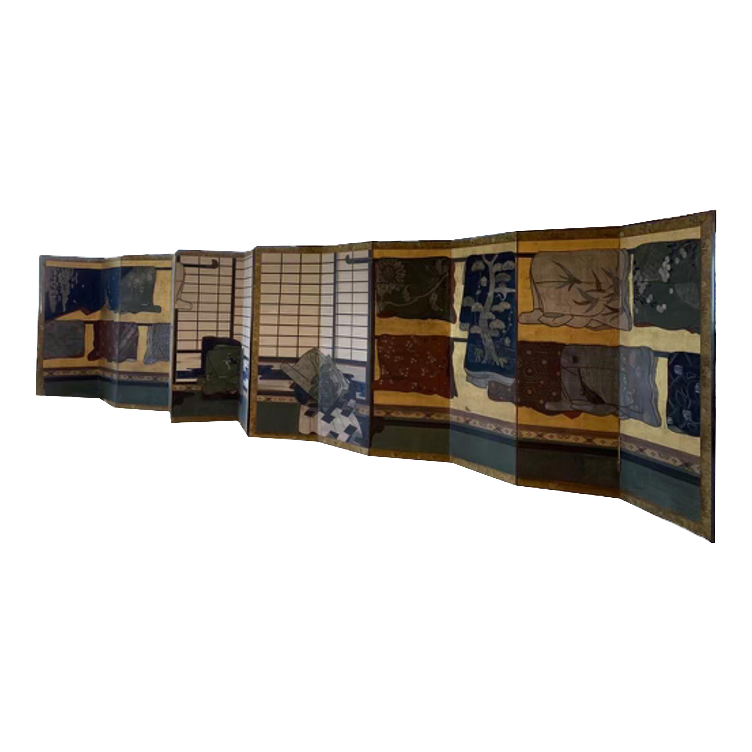 Paravent à 12 panneaux peints du 17e siècle (fin des années 1600), période japonaise Edo