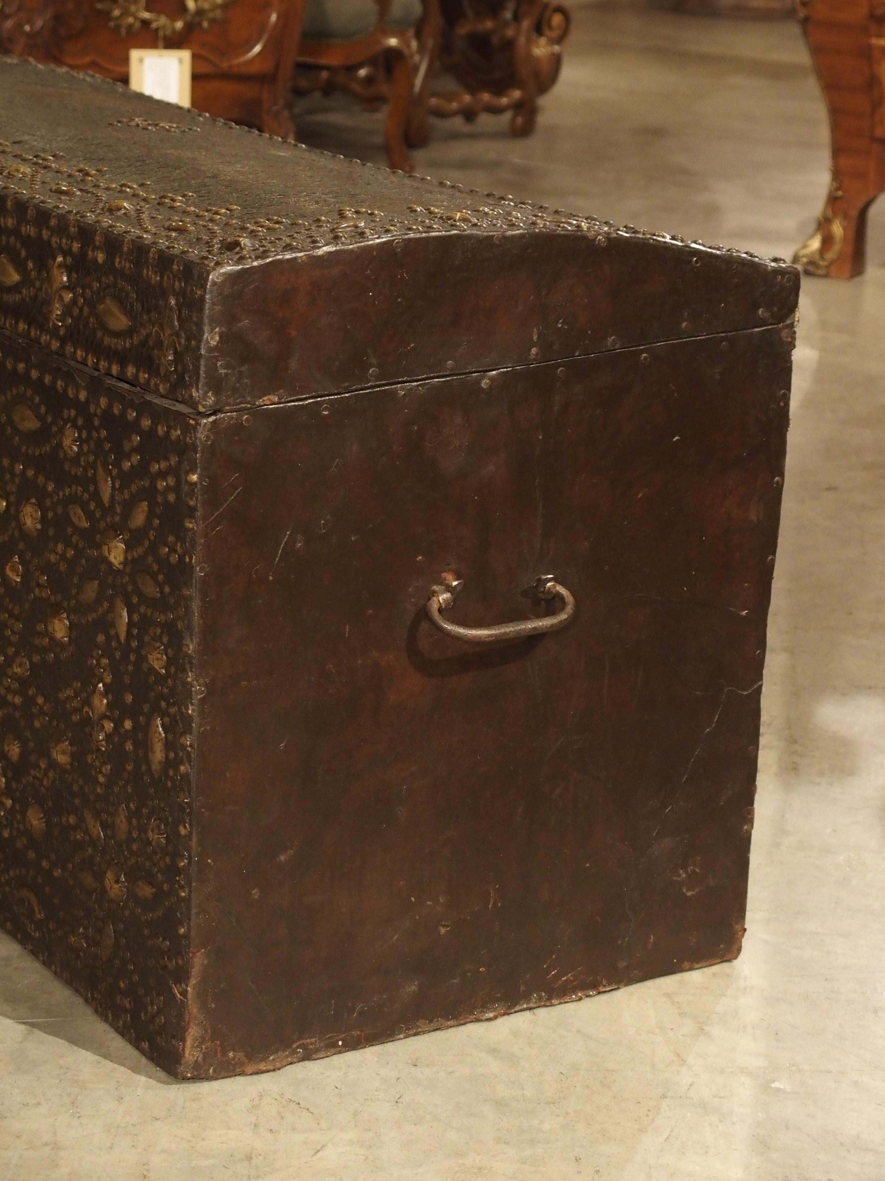 17th Century Leather and Brass Fleur De Lys Malle Trunk from Avignon, France For Sale 8