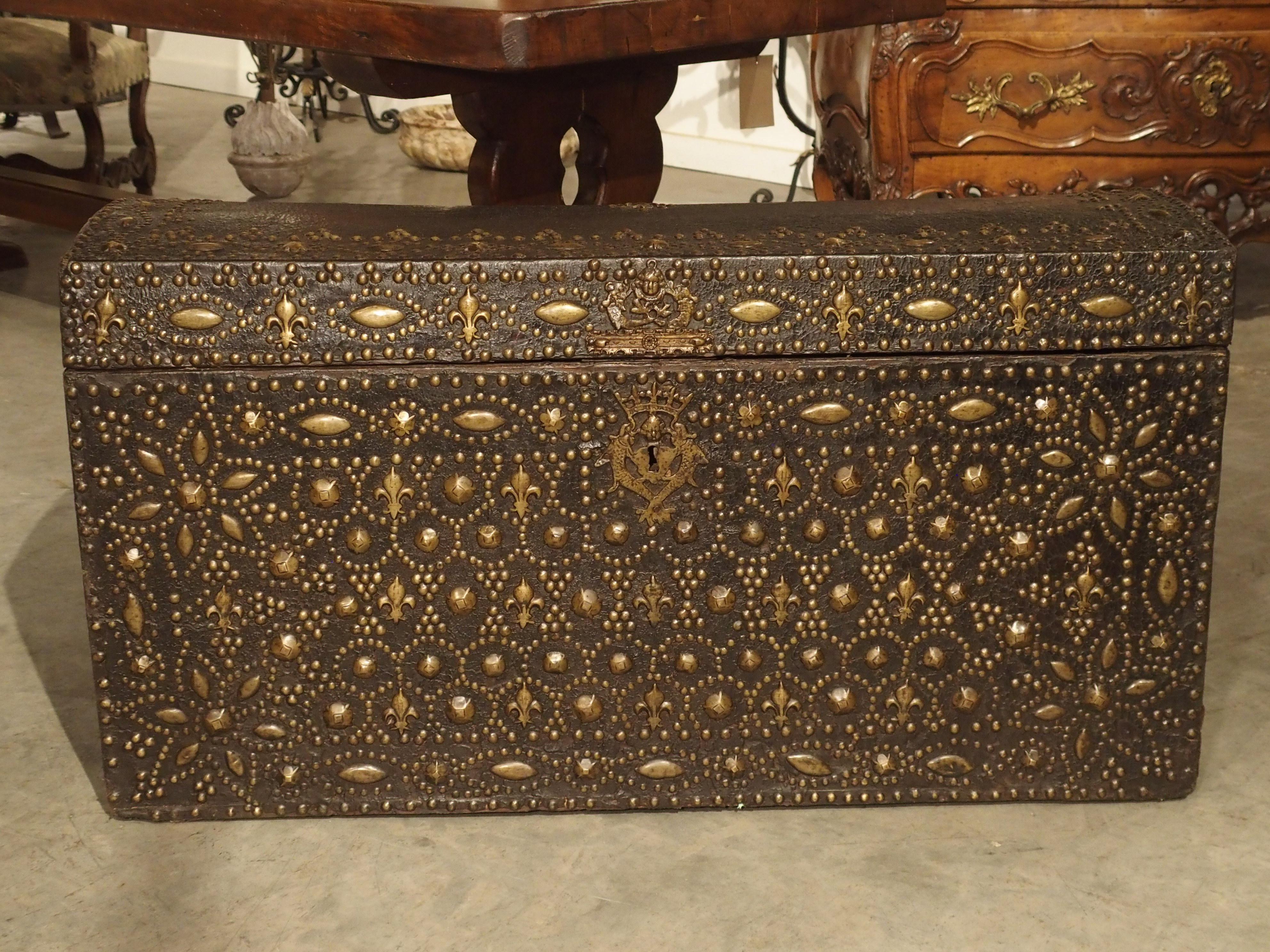 17th Century Leather and Brass Fleur De Lys Malle Trunk from Avignon, France For Sale 13