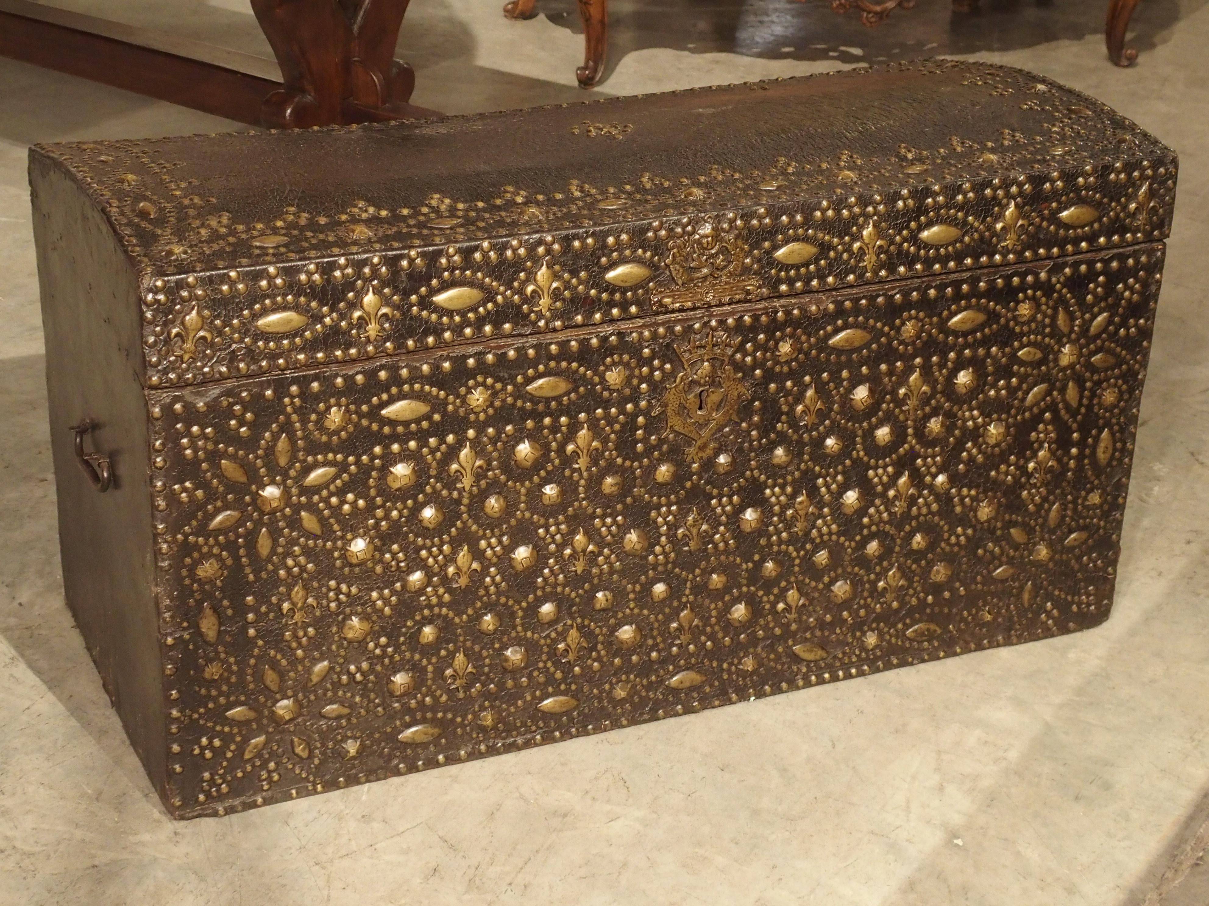 17th Century Leather and Brass Fleur De Lys Malle Trunk from Avignon, France For Sale 14