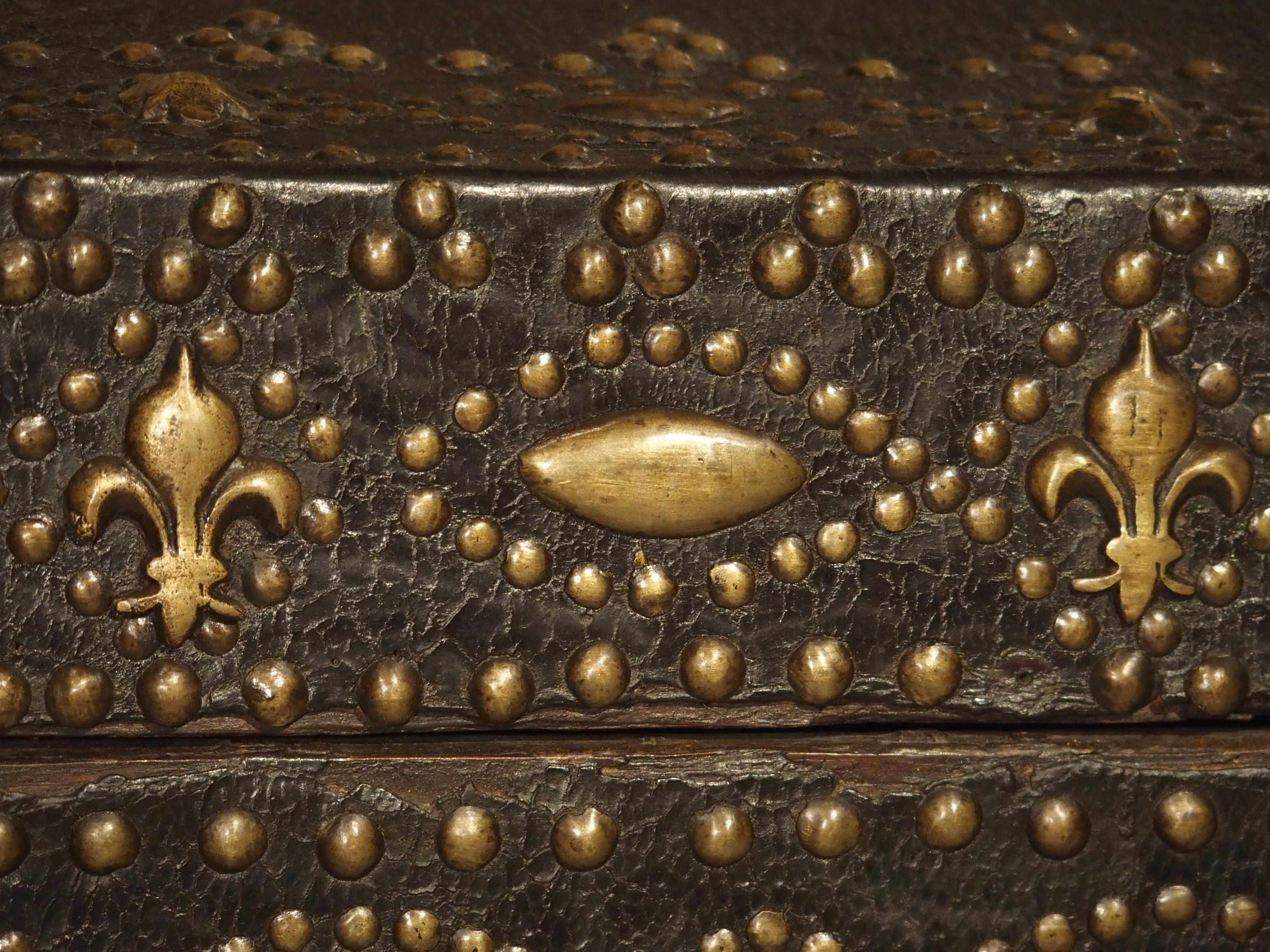 French 17th Century Leather and Brass Fleur De Lys Malle Trunk from Avignon, France For Sale