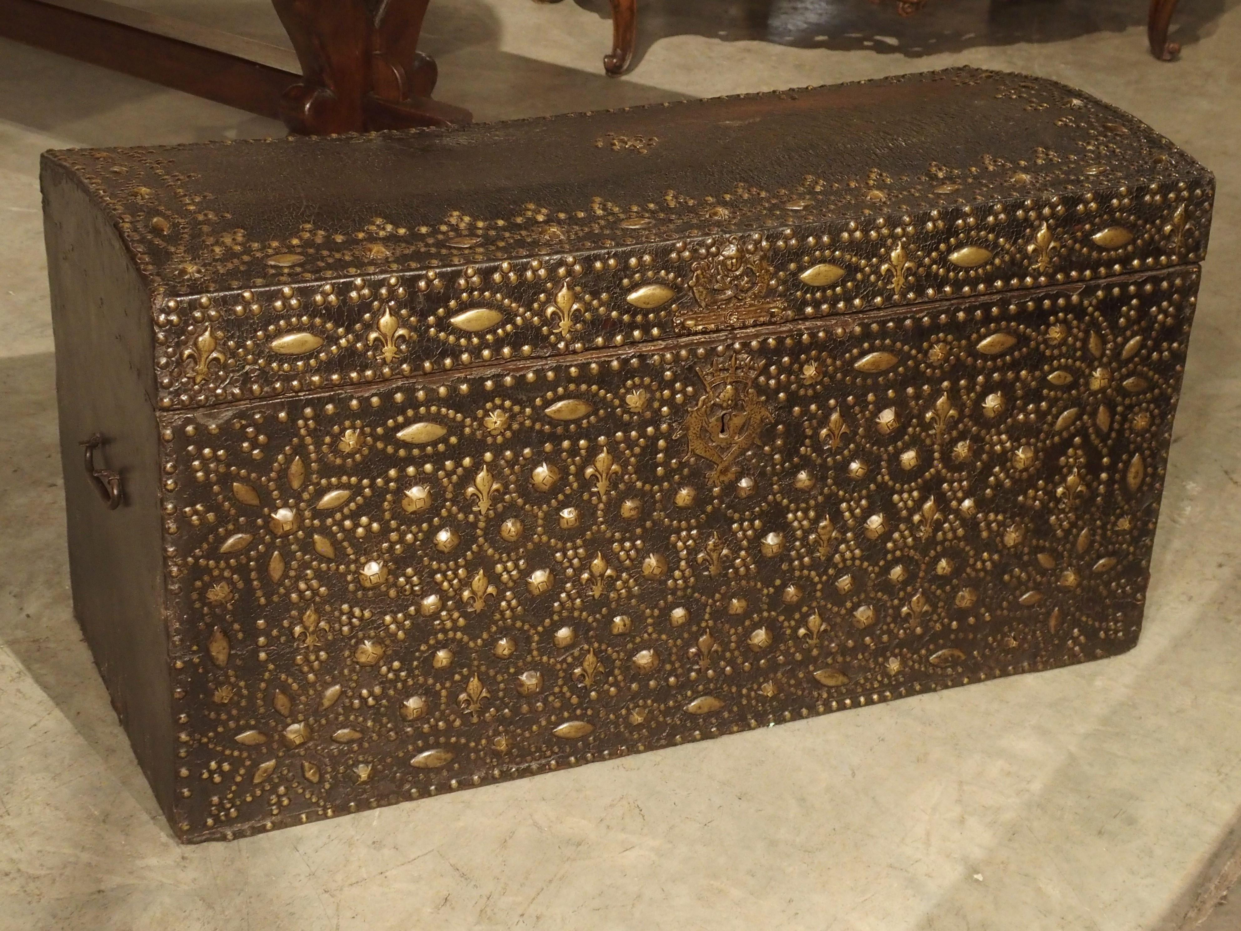 17th Century Leather and Brass Fleur De Lys Malle Trunk from Avignon, France In Good Condition For Sale In Dallas, TX