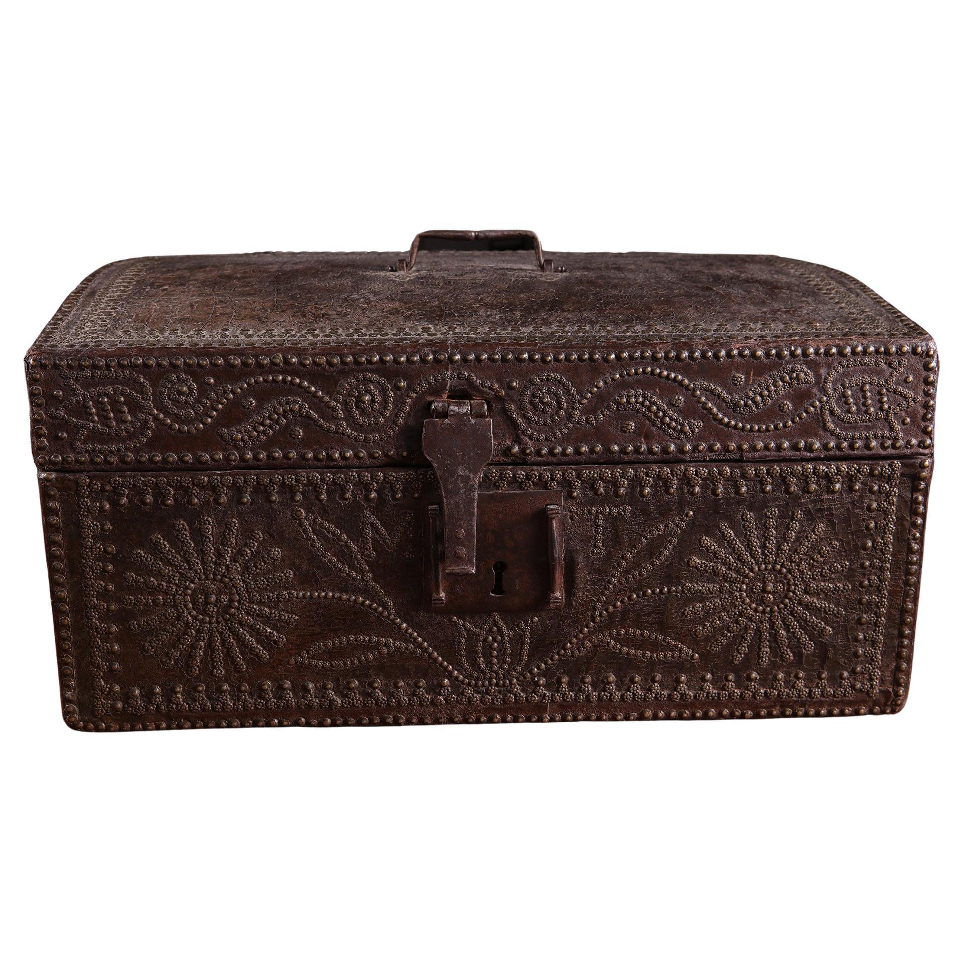 17th century leather studded travellers Chest 