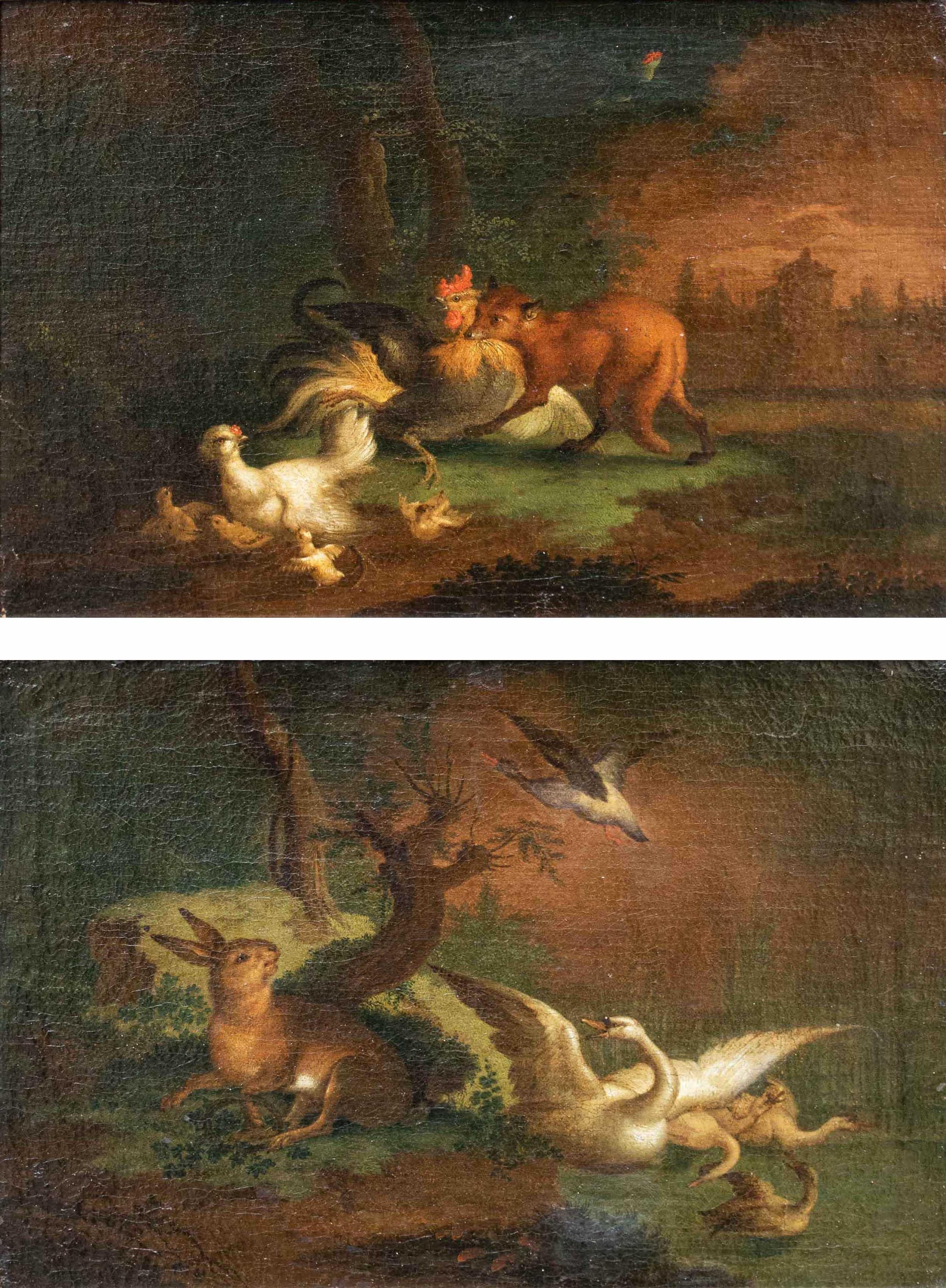 Flämische Schule, 17. Jahrhundert

Live-Nature-Paar mit Tieren

Maße: Öl auf Leinwand, cm 25 x 35 - Mit Rahmen cm 37 x 48

Das betreffende Gemäldepaar zeigt zwei aufgeregte Momente der Jagd; auf dem ersten Werk sind ein Hase und Schwäne zu