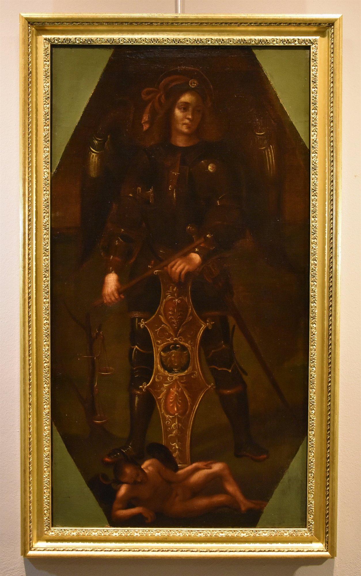 San Miguel Arcángel Siglo XVII Pintura Óleo sobre lienzo Escuela Lombarda - Painting de 17th Century Lombard Painter