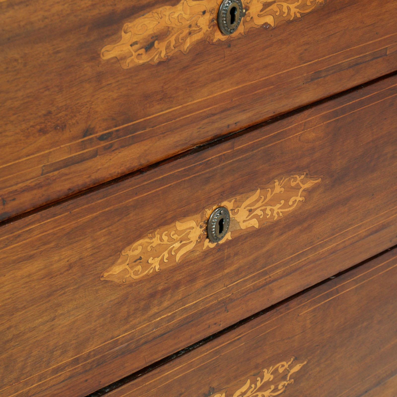 Italian 17th Century Lombard-Piedmont Area, Chest of Drawers, Inlaid Walnut Wax-Polished For Sale