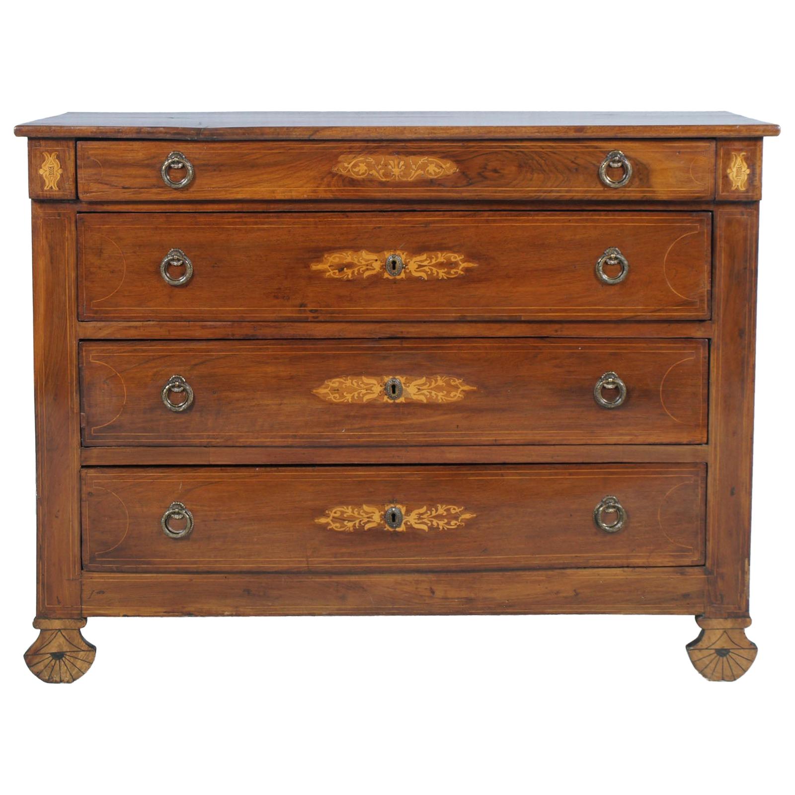 17th Century Lombard-Piedmont Area, Chest of Drawers, Inlaid Walnut Wax-Polished For Sale