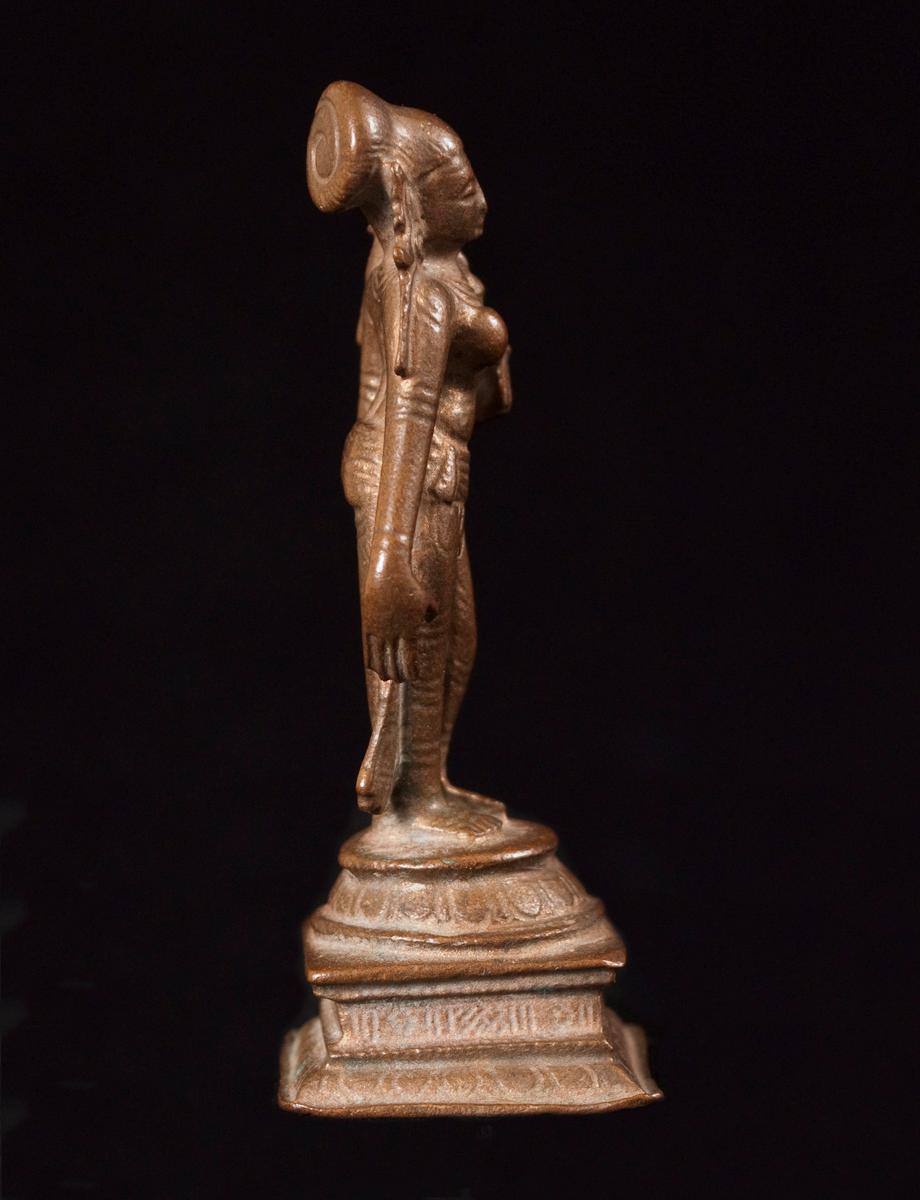 17th century lost wax cast bronze Radha, lover of Krishna, India

Radha was a one of the gopis (milkmaids or cowherds) who Krishna played and danced with as a child. They developed a divine love and she became his favourite. Some believe her to be