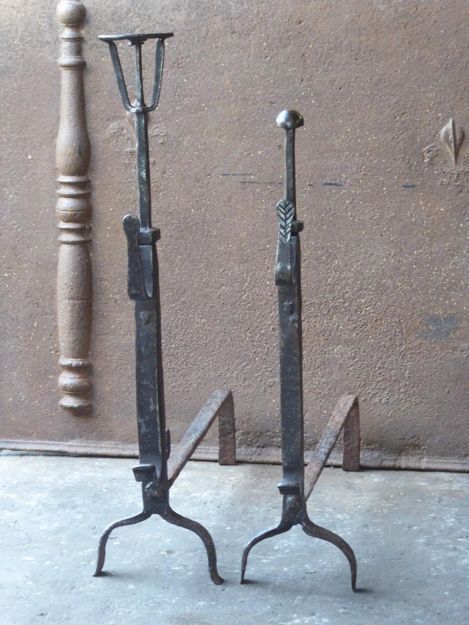 Forged 17th Century Louis XIII Andirons, Firedogs For Sale