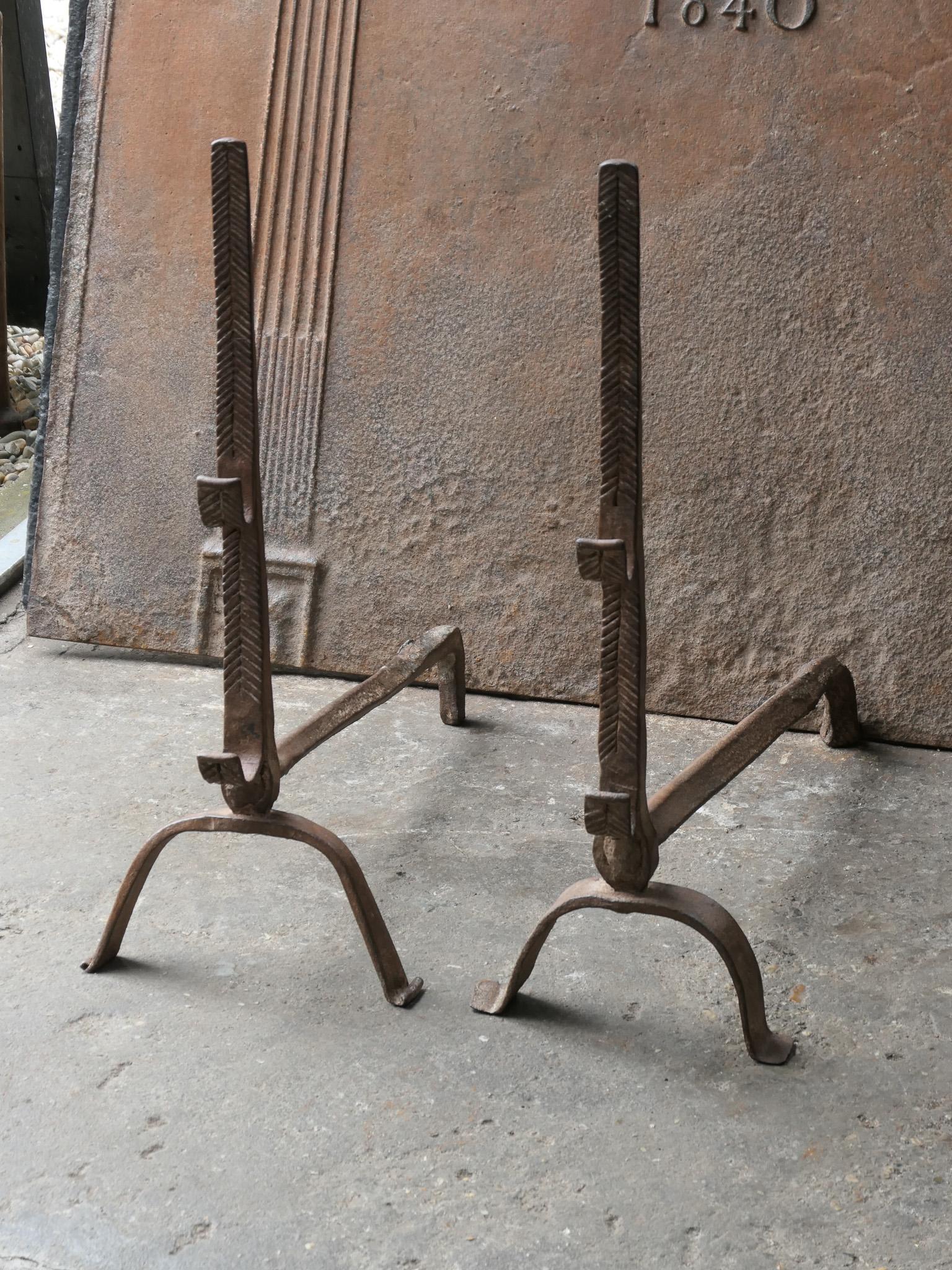 Forged 17th Century Louis XIII Andirons, Firedogs For Sale