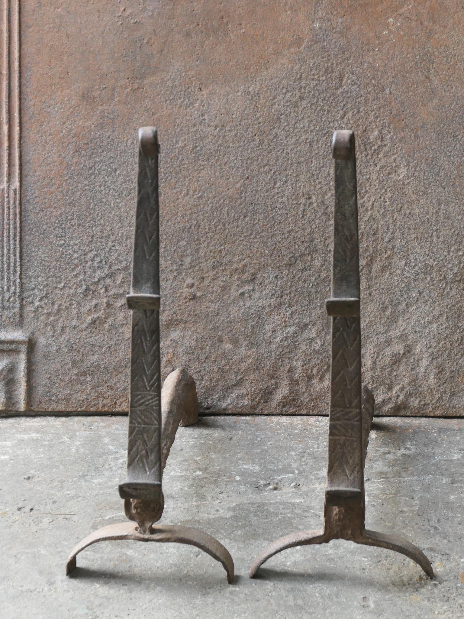 Forged 17th Century Louis XIII Andirons, Firedogs, Landiers For Sale