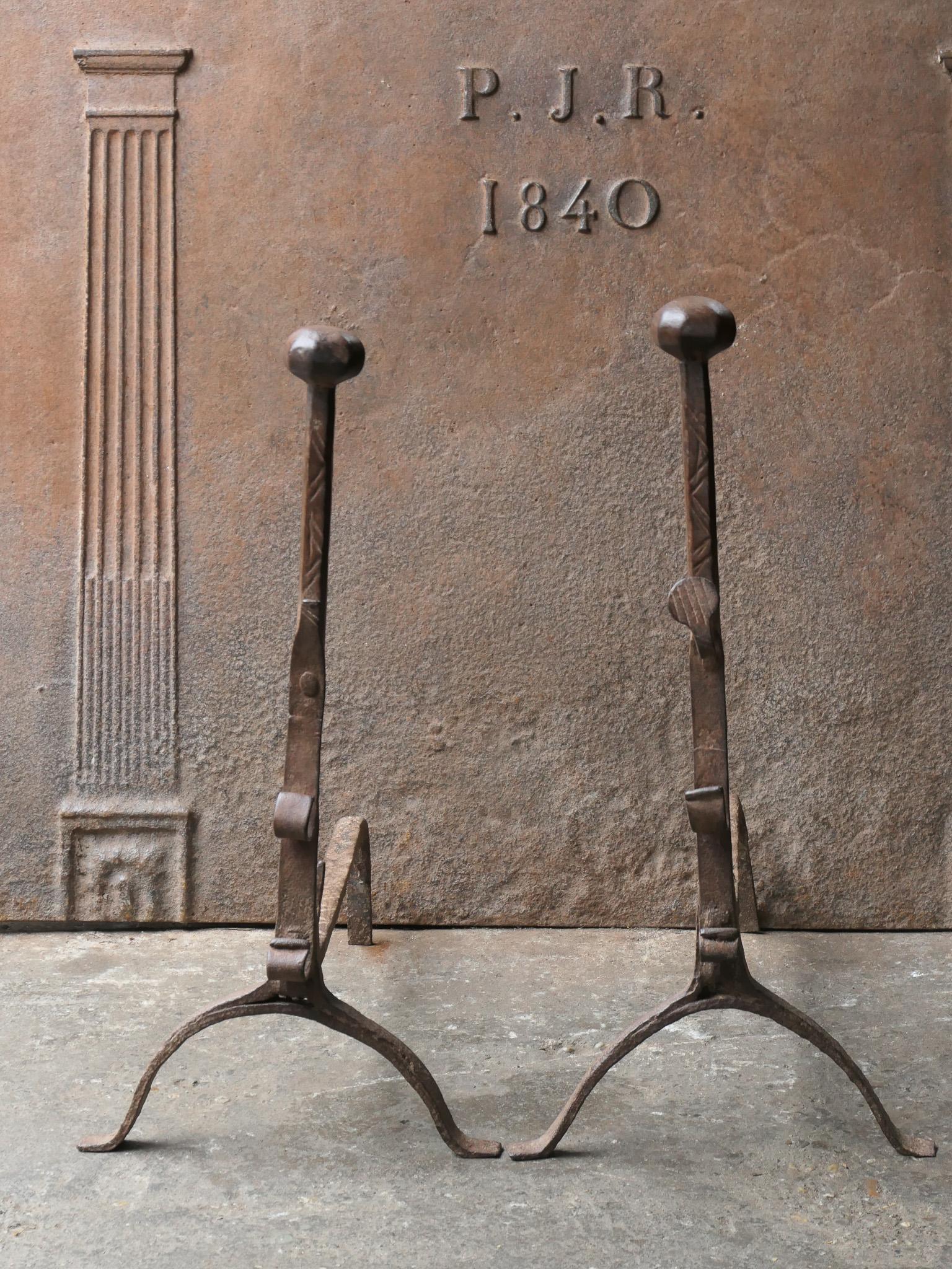 Forged 17th Century Louis XIII Andirons, Firedogs, Landiers For Sale
