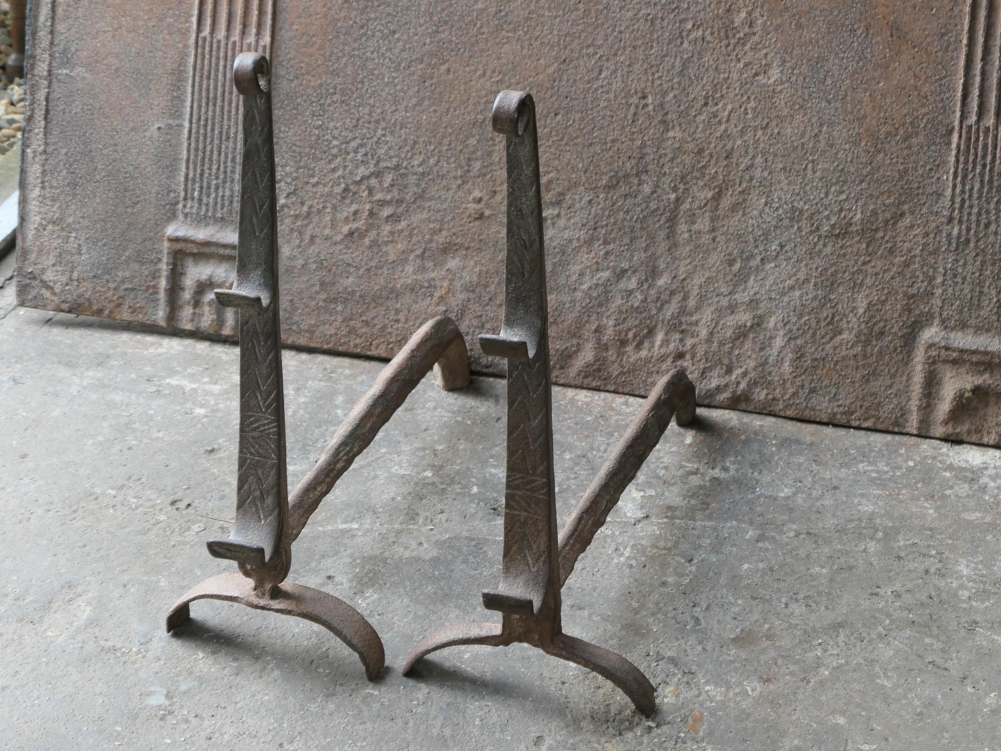 Wrought Iron 17th Century Louis XIII Andirons, Firedogs, Landiers For Sale