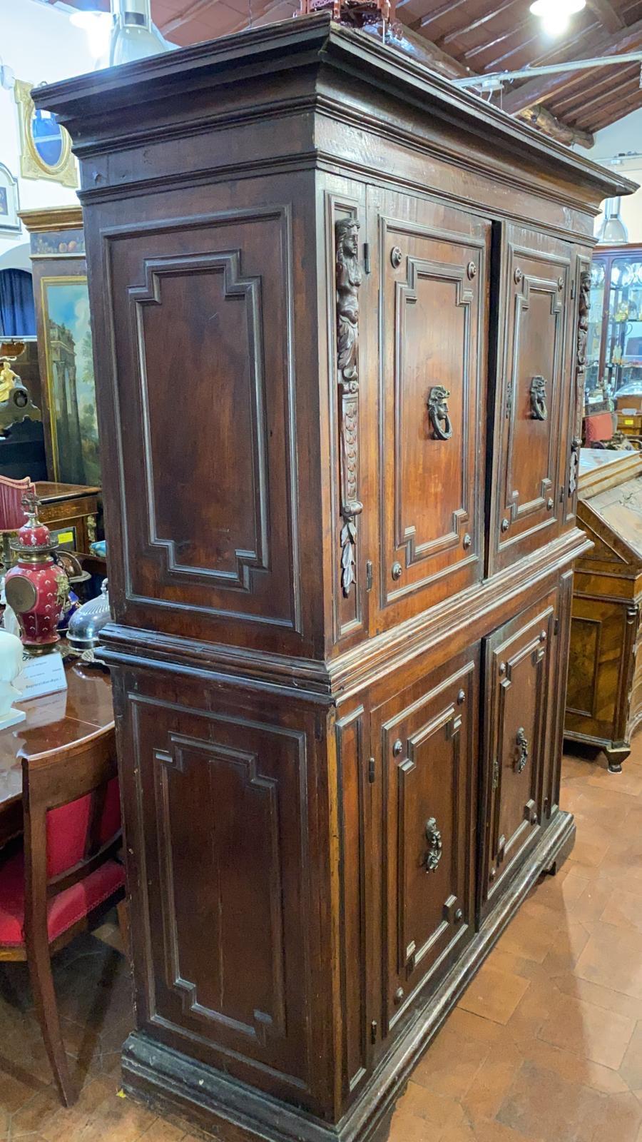 Hand-Carved 17th Century Italian Louis XIII Roman Walnut Wardrobes Armoires, 1630 For Sale