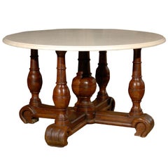 17th Century Louis XIII Walnut Center Table with Crema Marfil Beige Marble Top