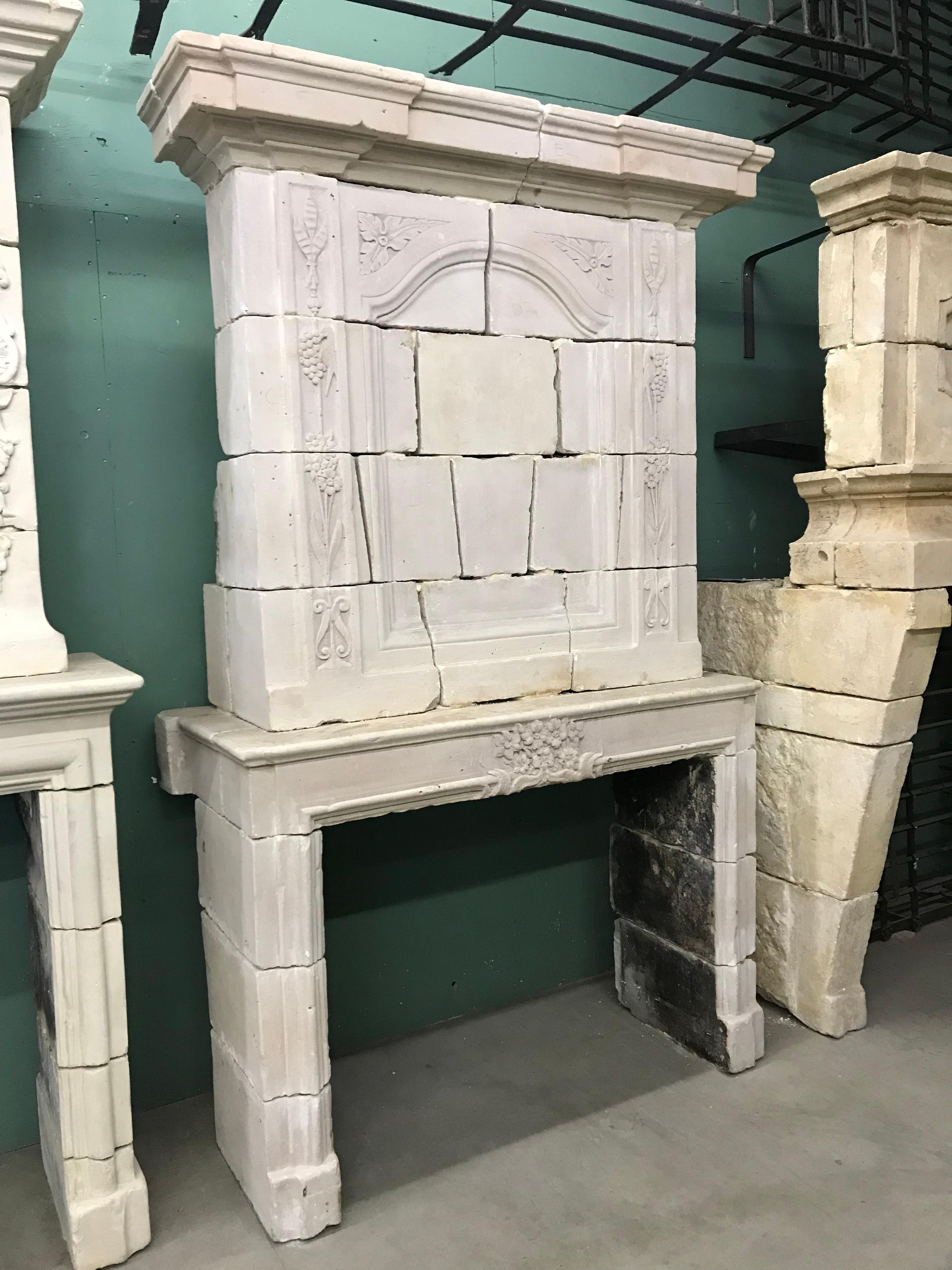 17th C Louis XIV Hand Carved Stone Chateau Fireplace Mantle surround