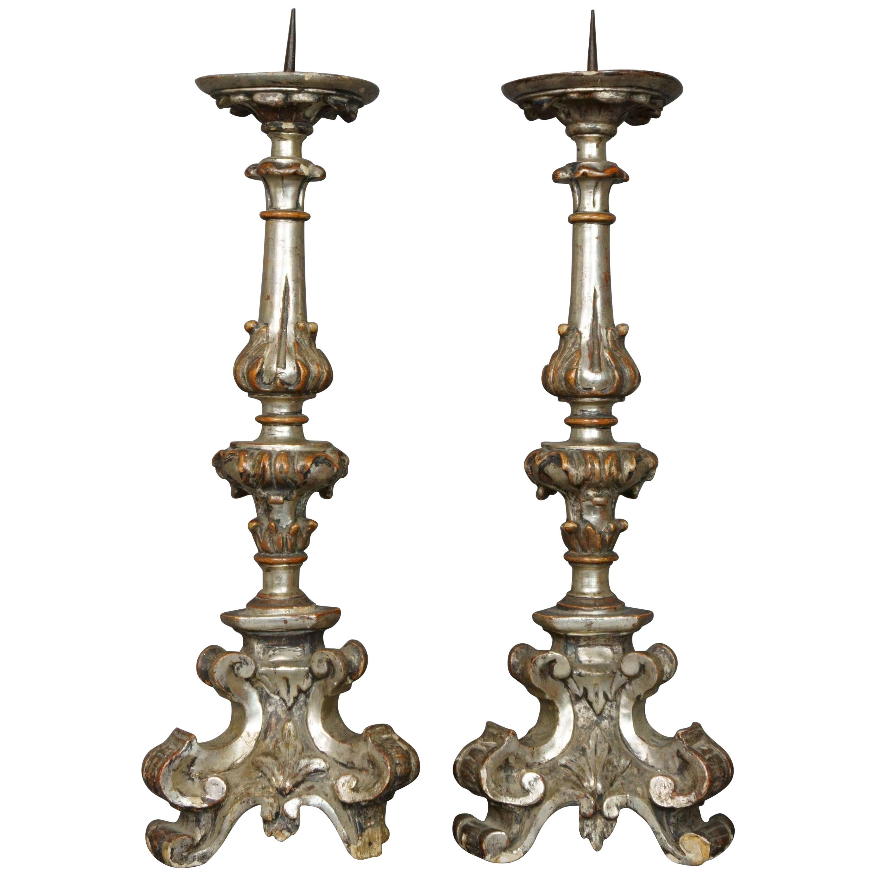 17th Century Louis XIV Italian Carved and Silvered Wood Church Candelabras