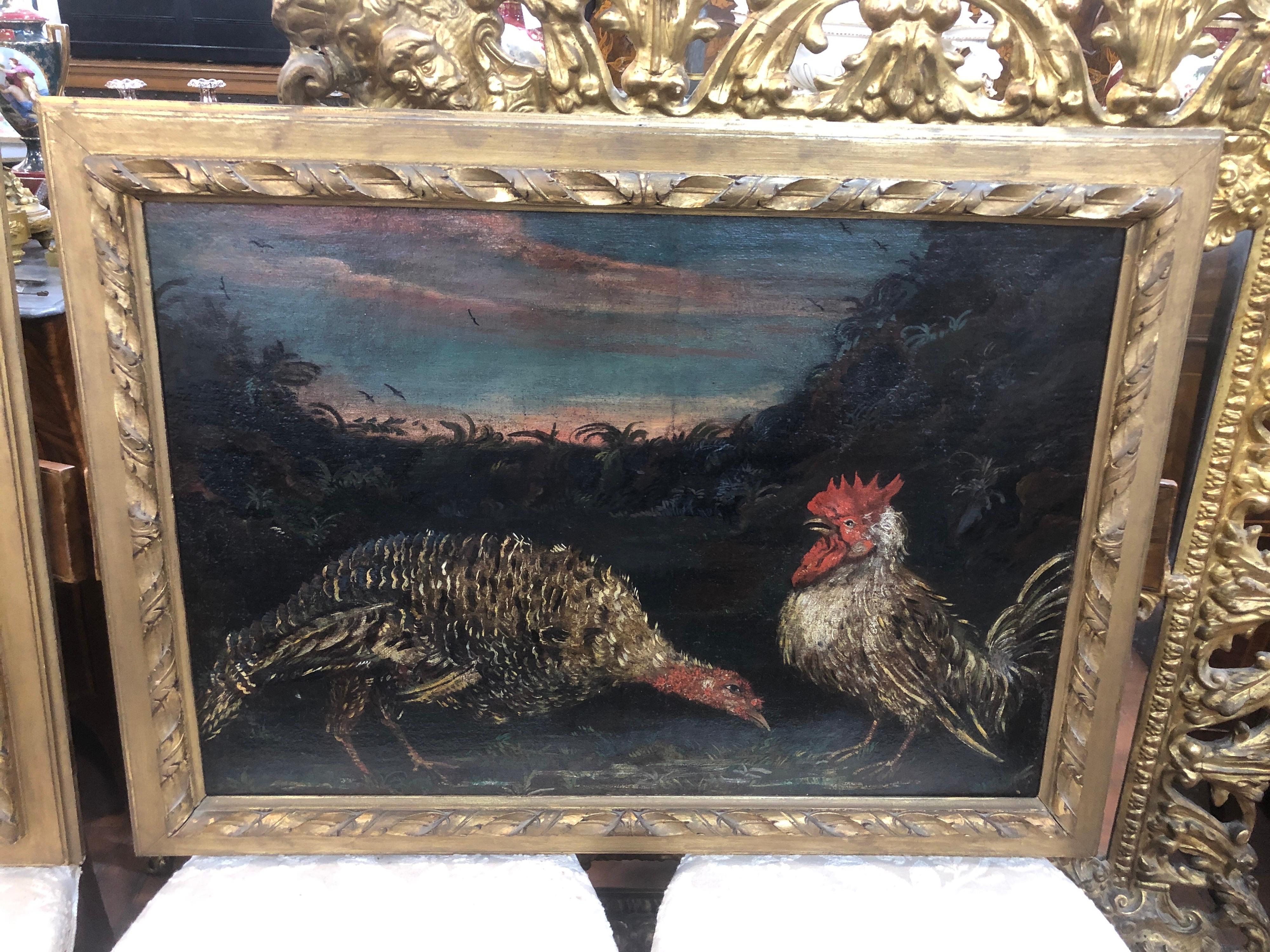 Pair of paintings, Lombard School 17th century, a turkey and a rooster, oil on canvas, in the manner of Angelo Maria Crivelli called the Crivellone. 81.5 x 57 without Frame. Frame no coeval.
Angelo Maria Crivelli, known as the Crivellone, was an