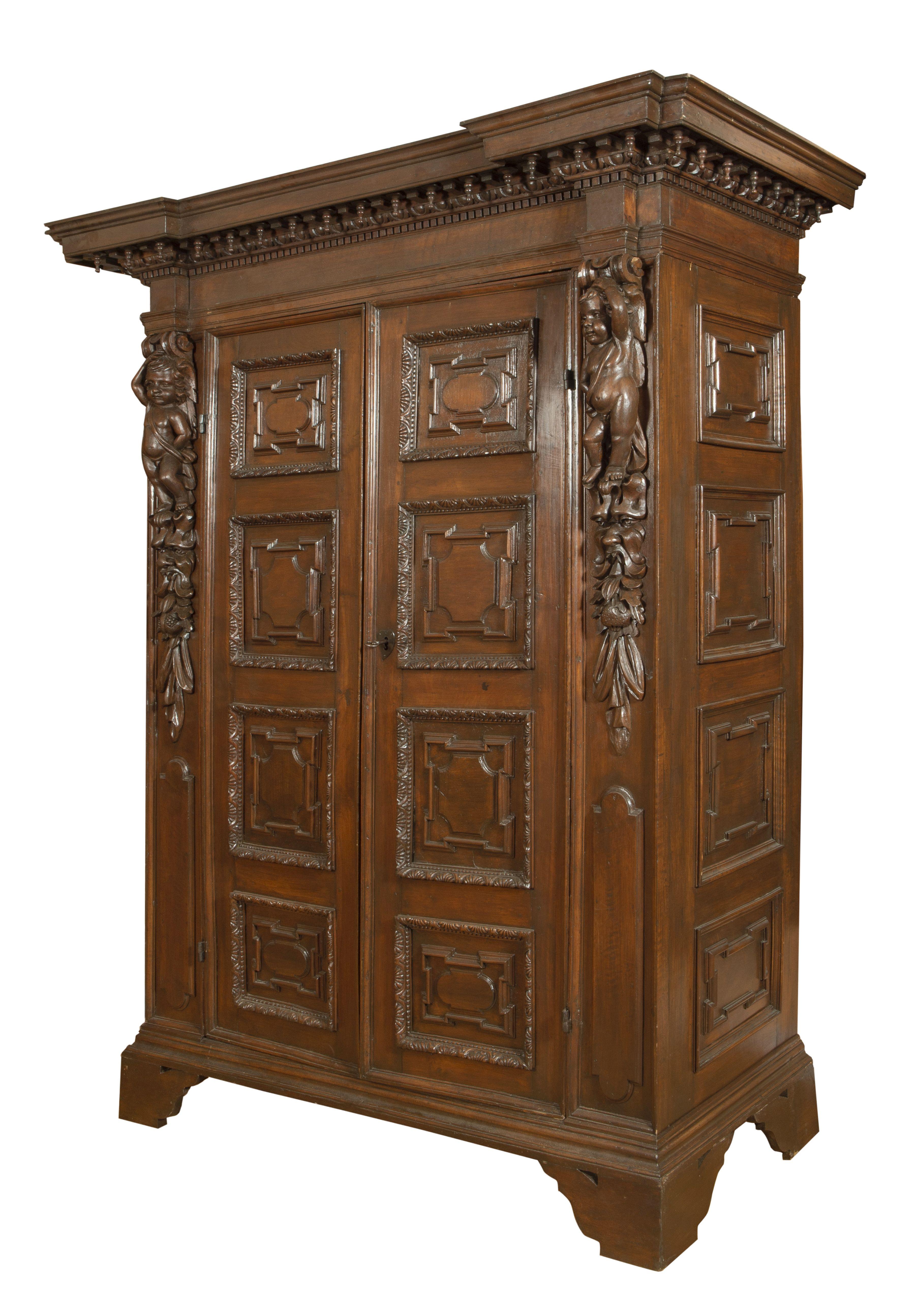 Carved 17th Century Louis XIV Walnut Armoire Italian Renaissance Sculptures Brown For Sale