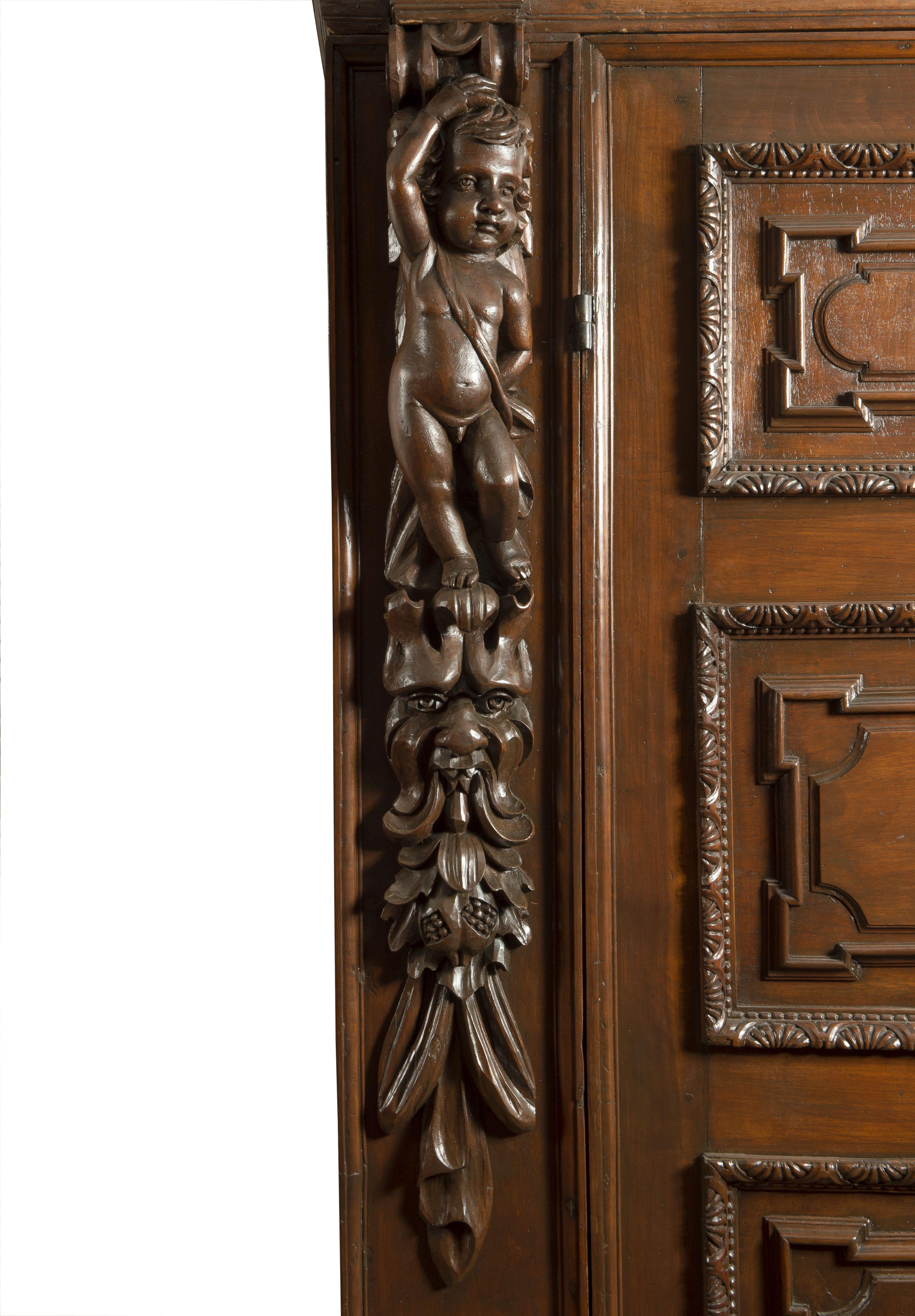 17th Century Louis XIV Walnut Armoire Italian Renaissance Sculptures Brown For Sale 2