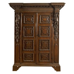 17th Century Louis XIV Walnut Armoire Italian Renaissance Sculptures Brown