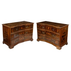 Antique 17th Century Louis XIV Walnut Inlay Pair of Italian Chest of Drawers Canterano