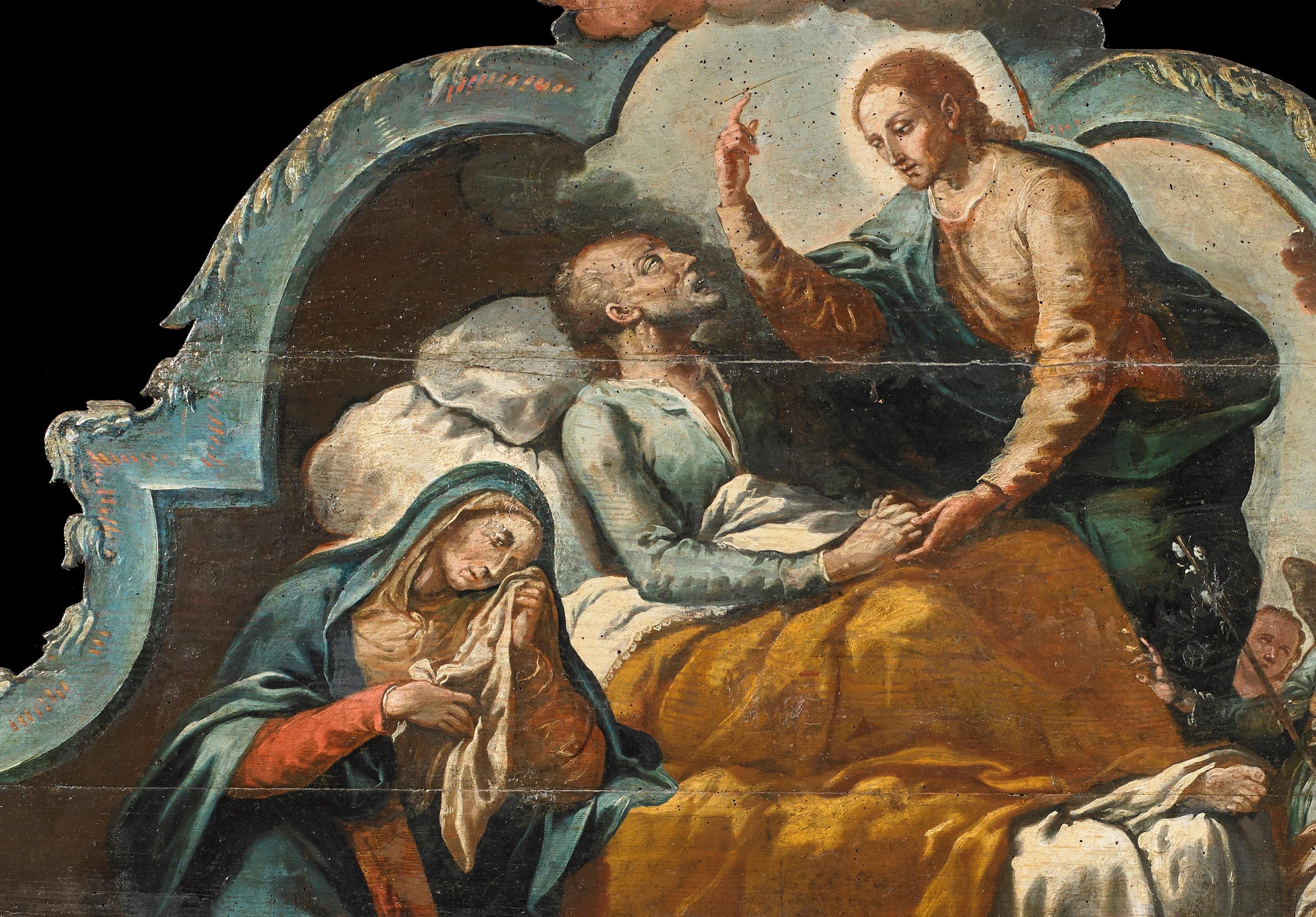 Oil painting on board from the early 1600s, also perfect as a bed headboard, measuring 100 x 160 cm from the Venetian school, depicting the death of St. Joseph.

In this work we can see the serene end of the putative father of Jesus, who died
