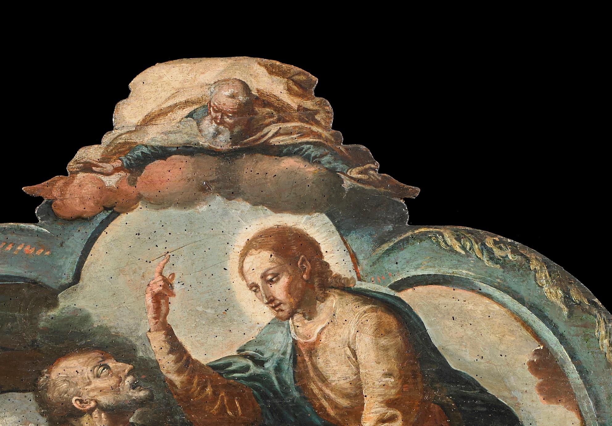 17th Century Louis XIV Walnut Italian Bed Headboard Death of S. Joseph Blue In Good Condition For Sale In Sanremo, IM