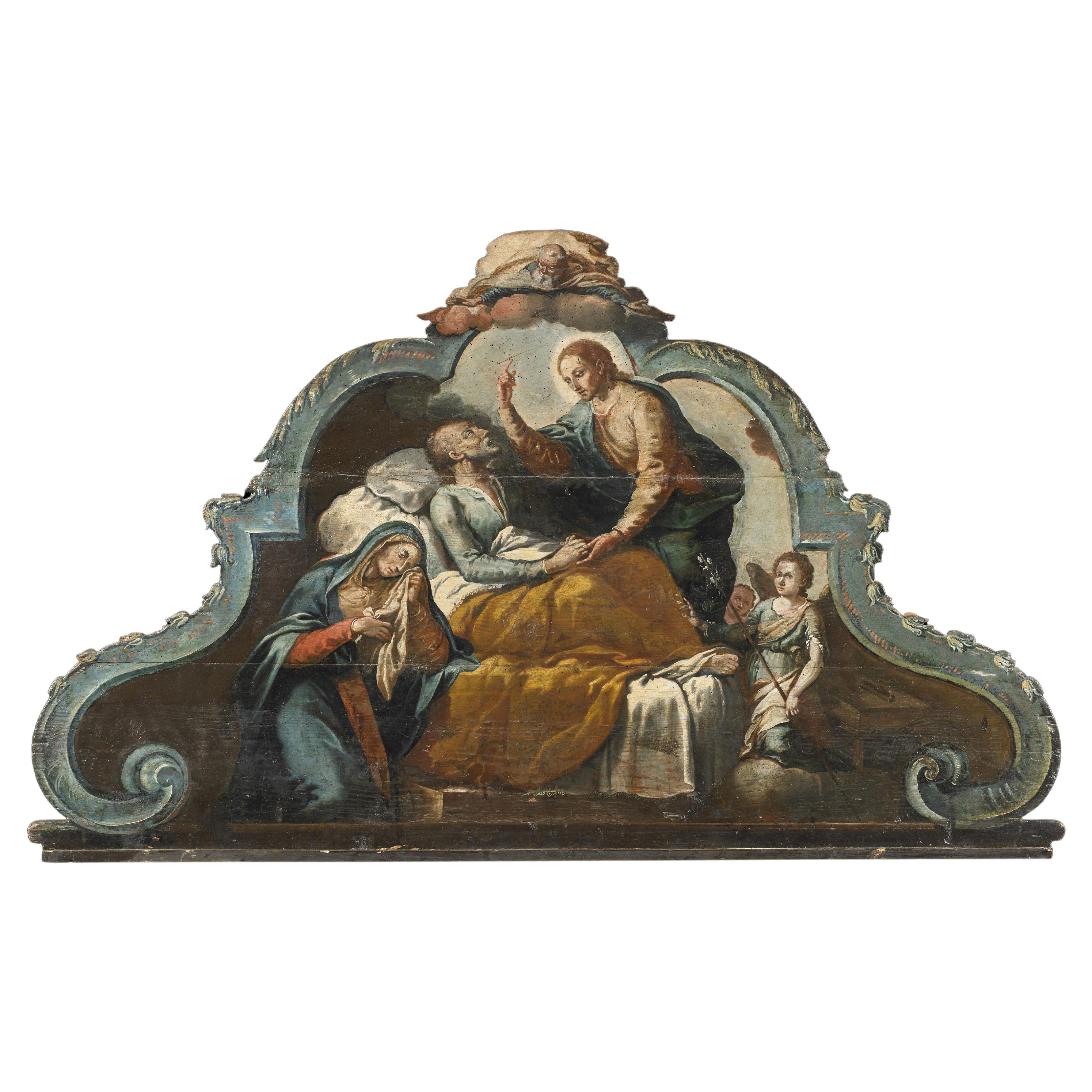 17th Century Louis XIV Walnut Italian Bed Headboard Death of S. Joseph Blue