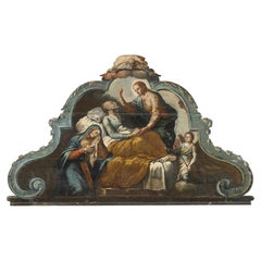 Antique 17th Century Louis XIV Walnut Italian Bed Headboard Death of S. Joseph Blue