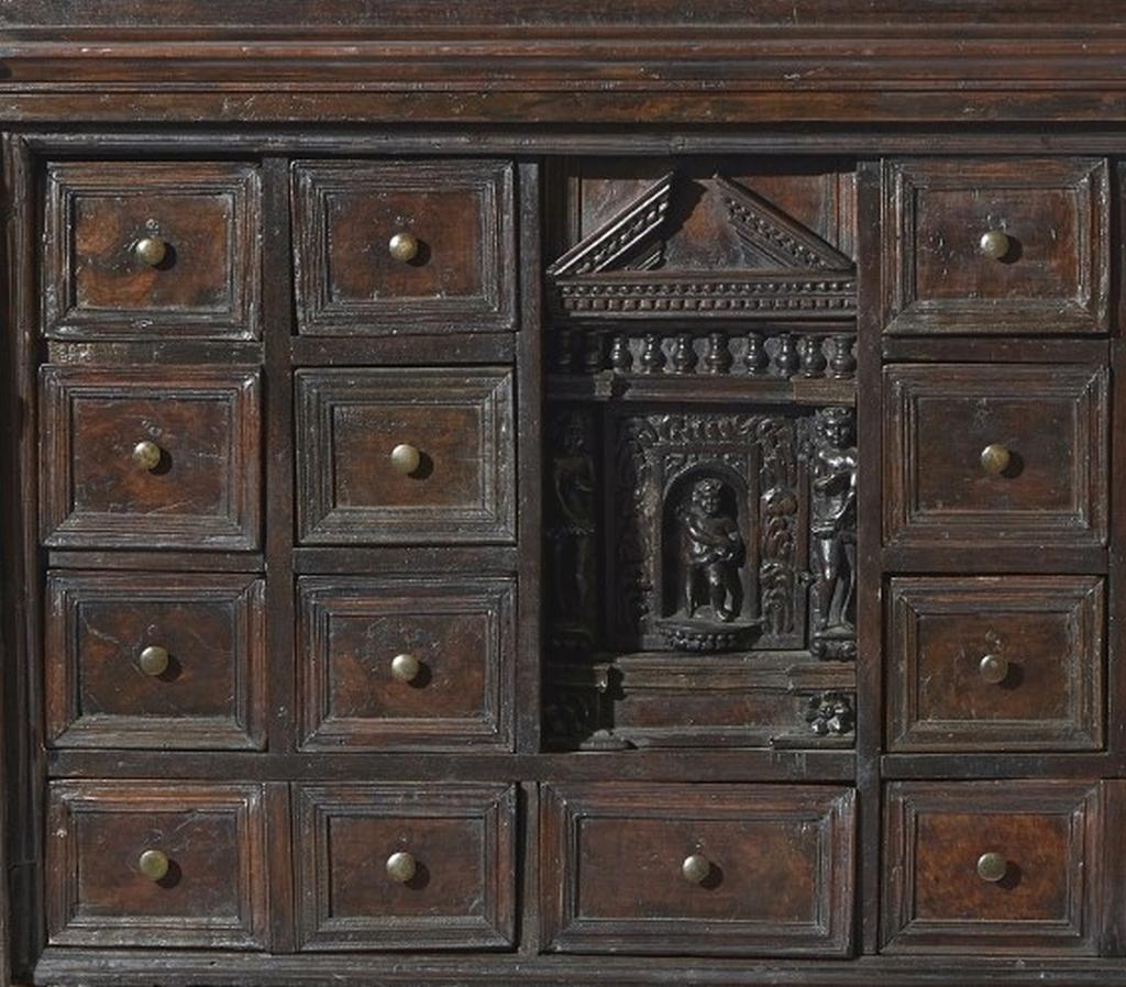 17th Century Louis XIV Walnut Italian Cabinet Called Bambocci Carved Wood Black 1